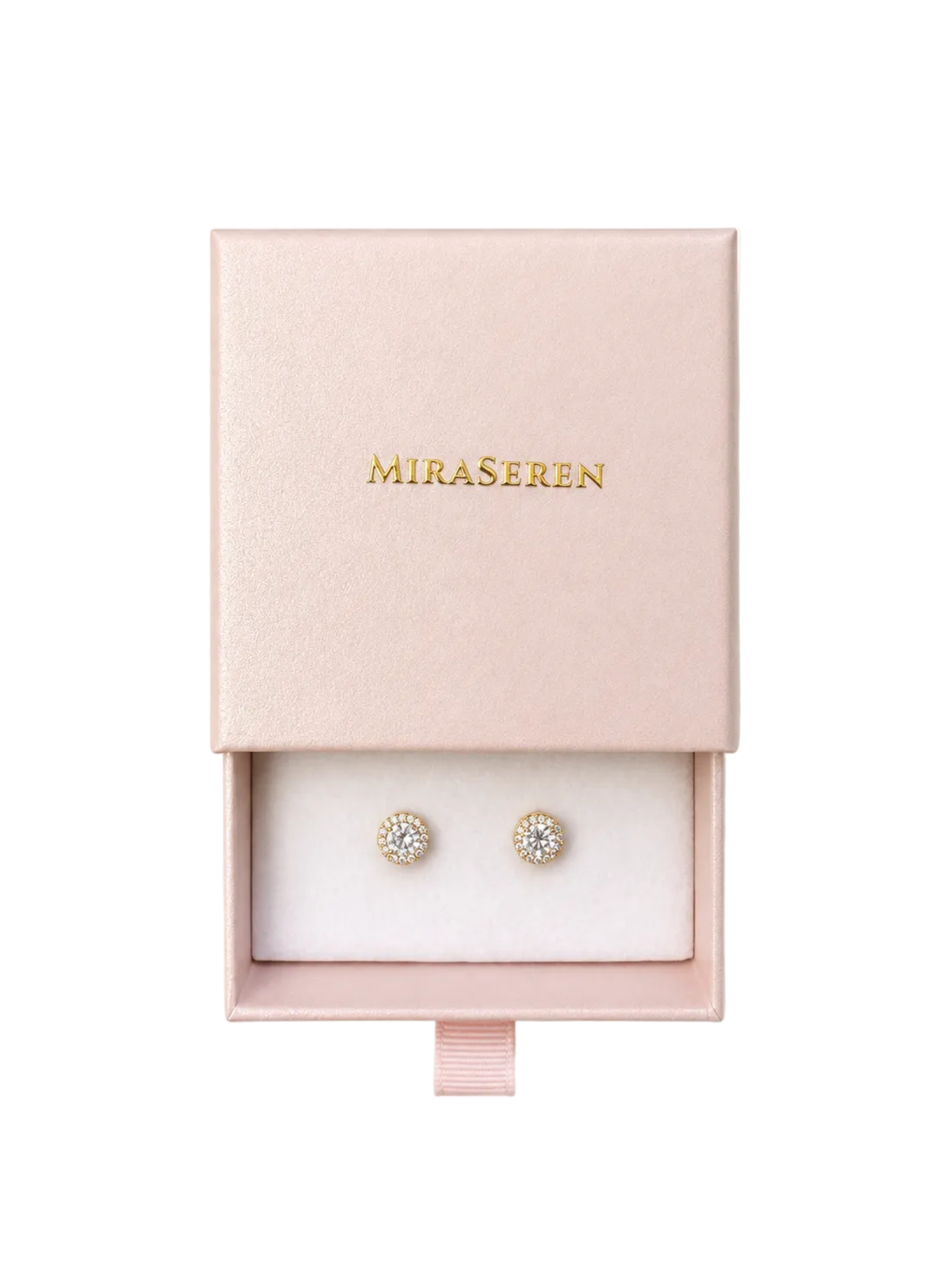 A pair of round stud earrings with clear gemstones in a gold-tone setting, presented in an open light pink Miraseren jewelry box on a white background.
