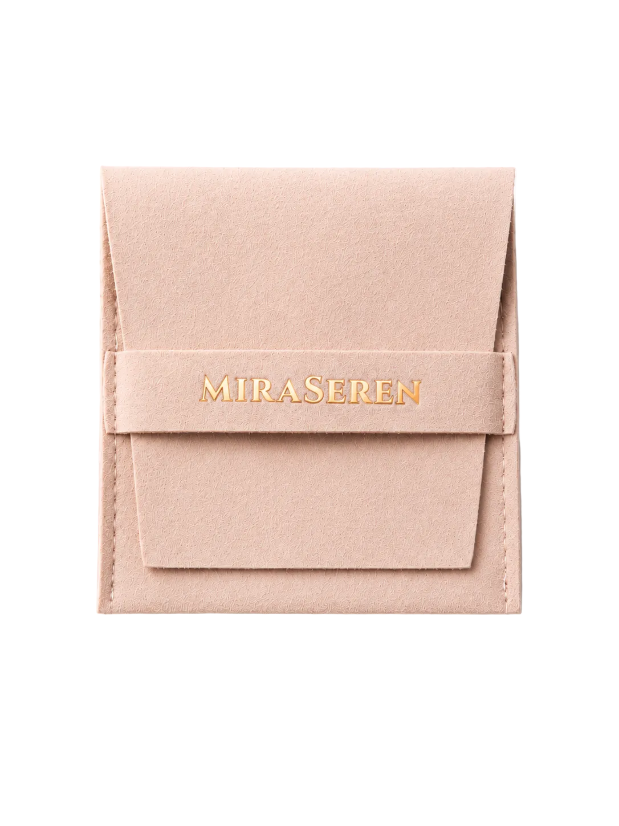 A blush pink velvet jewelry pouch with a gold-foiled 'MIRASEREN' logo on the front strap, set against a clean white background.