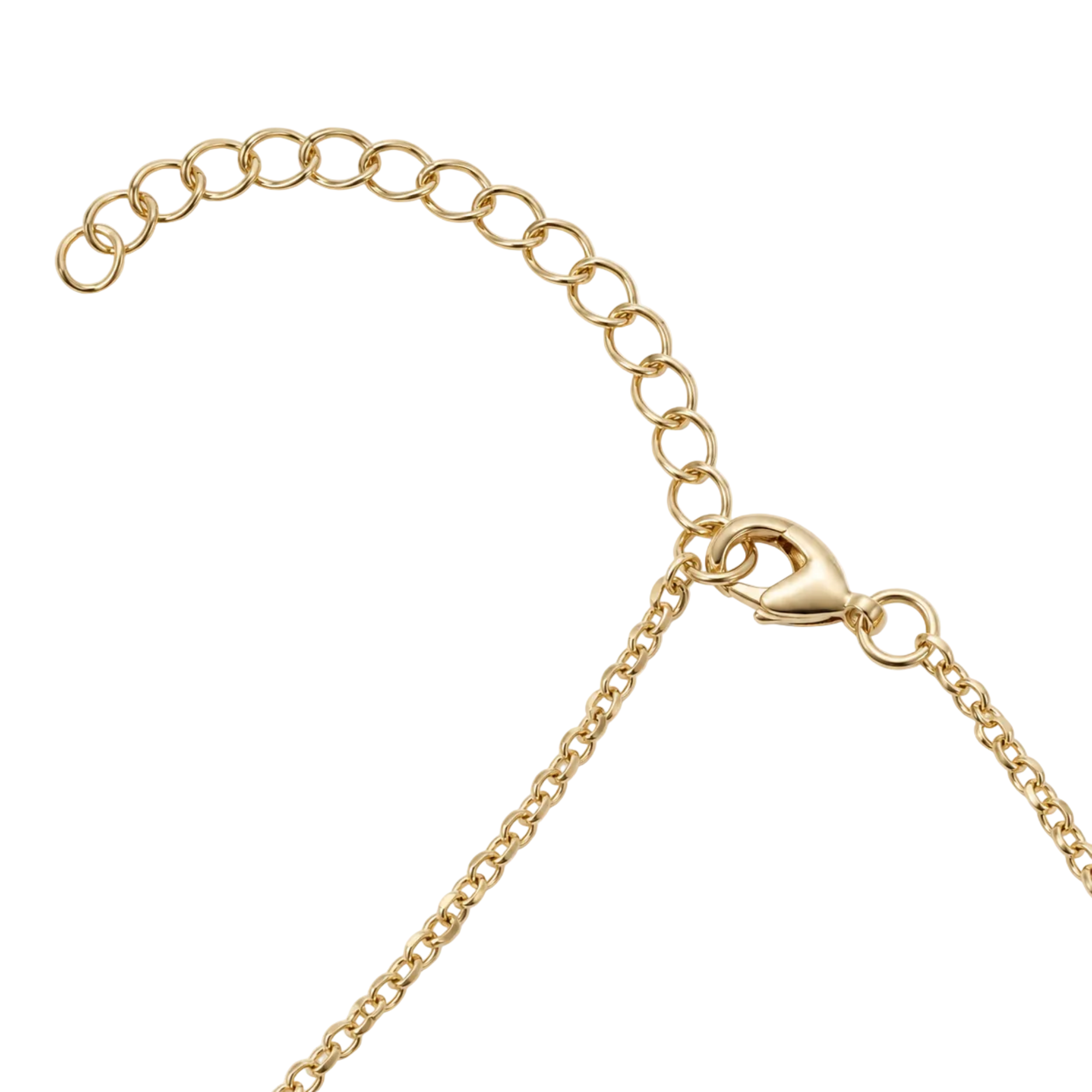 Close-up of a gold chain necklace showing an adjustable extender chain with a lobster clasp on a white background.