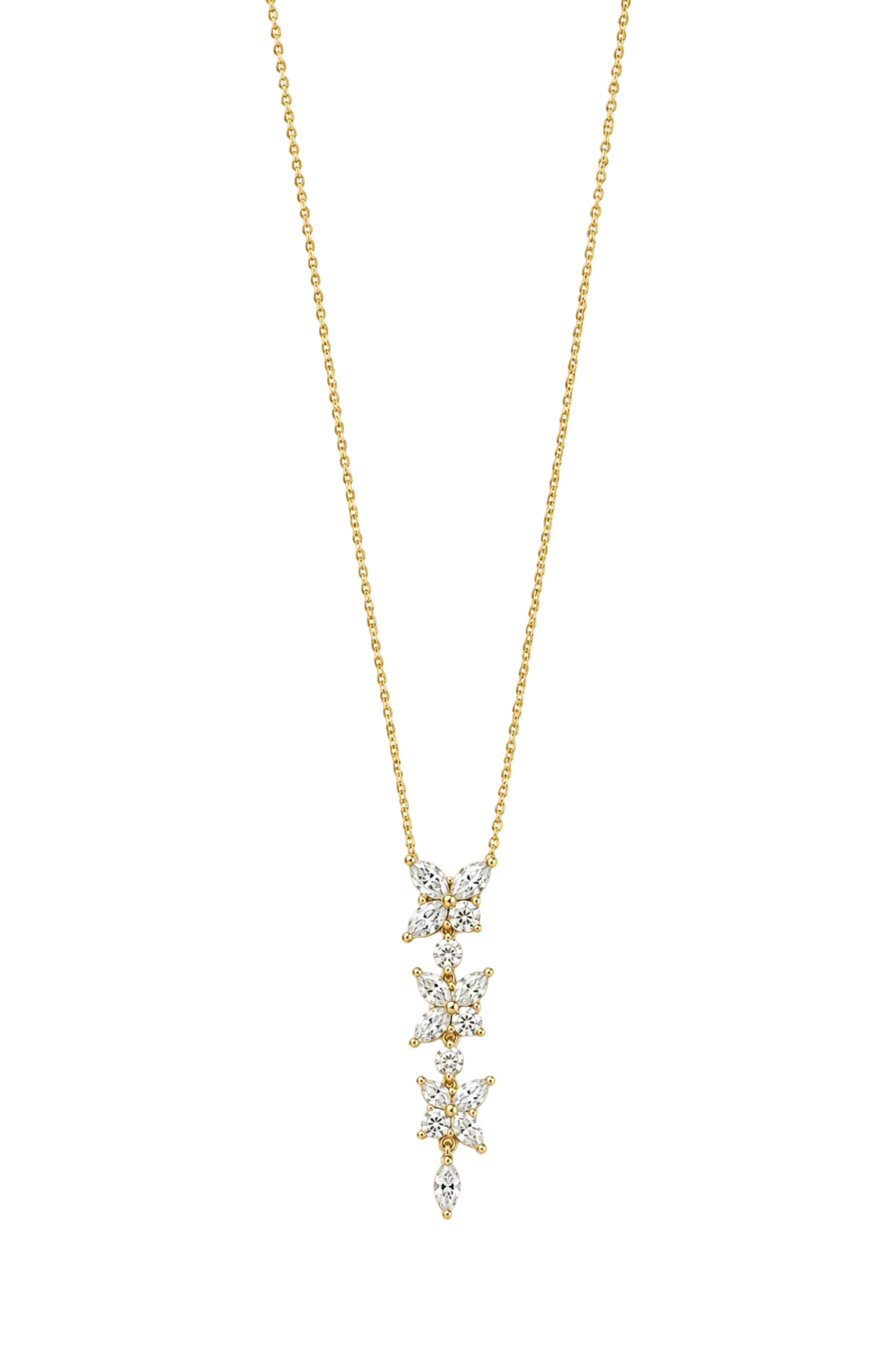 A delicate gold chain necklace featuring three vertically aligned flower-shaped pendants, each adorned with small clear stones, set against a plain white background.