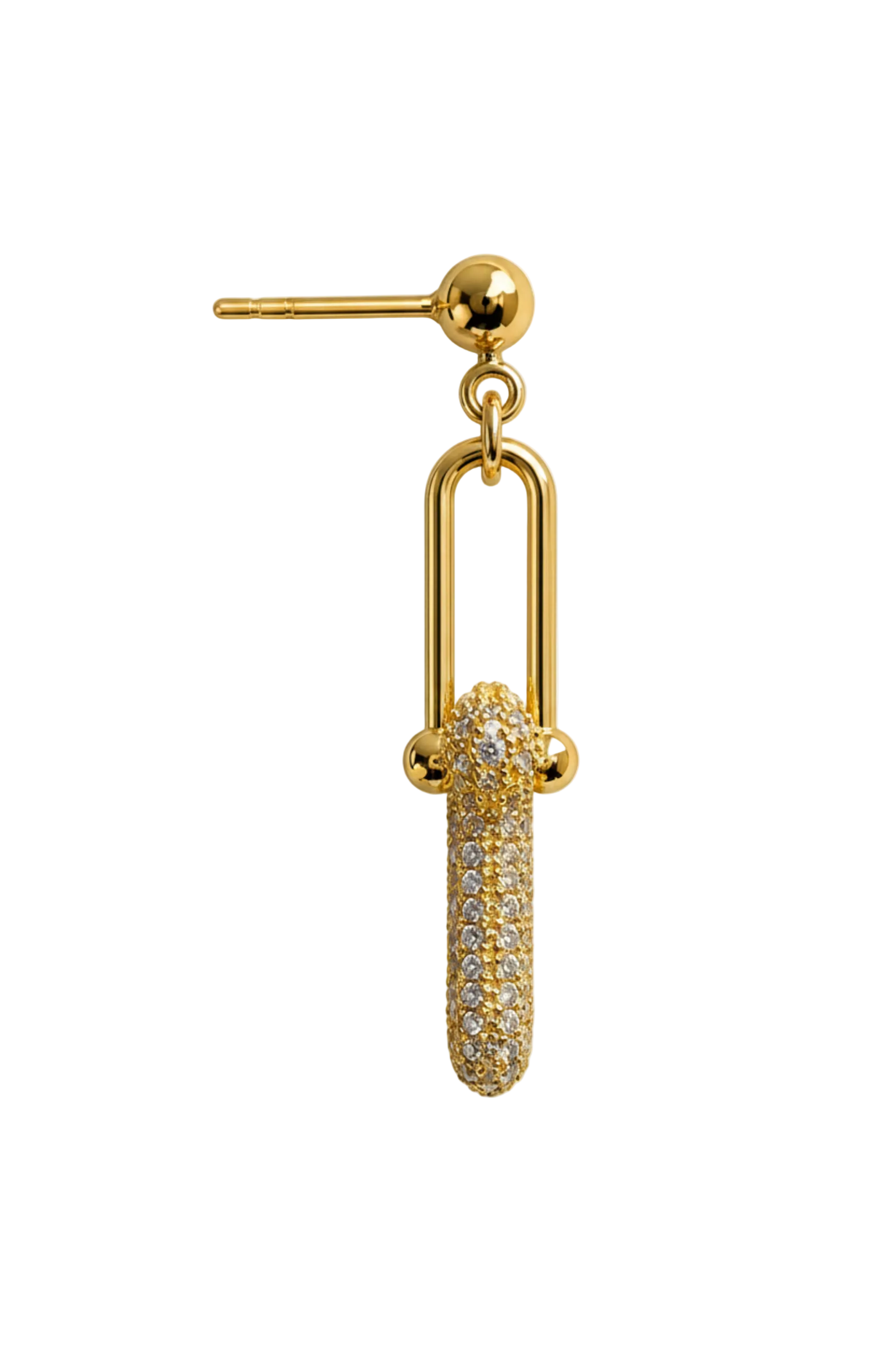 A gold-toned drop earring featuring a U-shaped top bar, a small ball connector, and a textured cylindrical pendant paved with clear stones, shown against a light gray background.