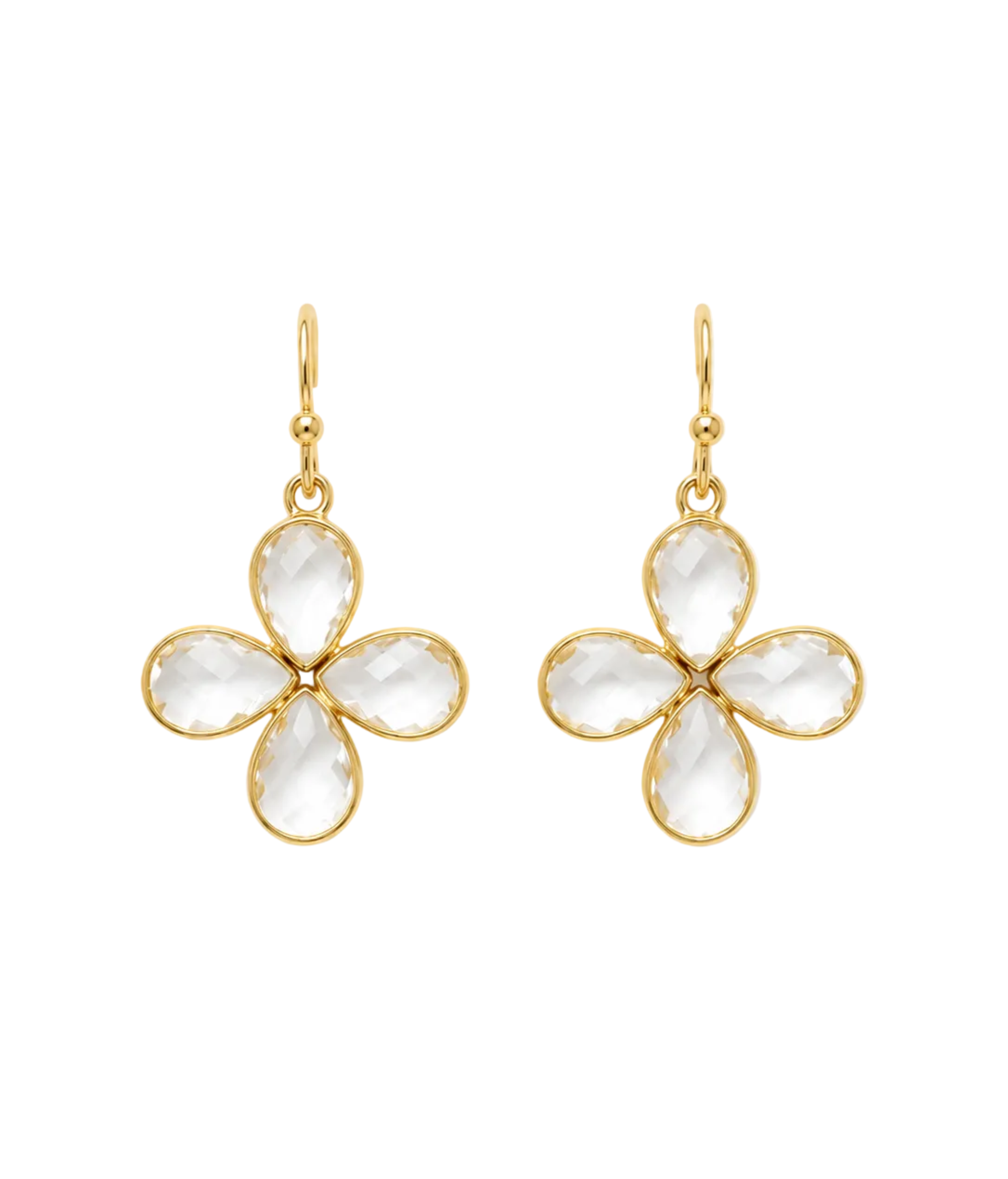 A pair of gold flower-shaped drop earrings with clear faceted gemstone petals, displayed on a clean white background.