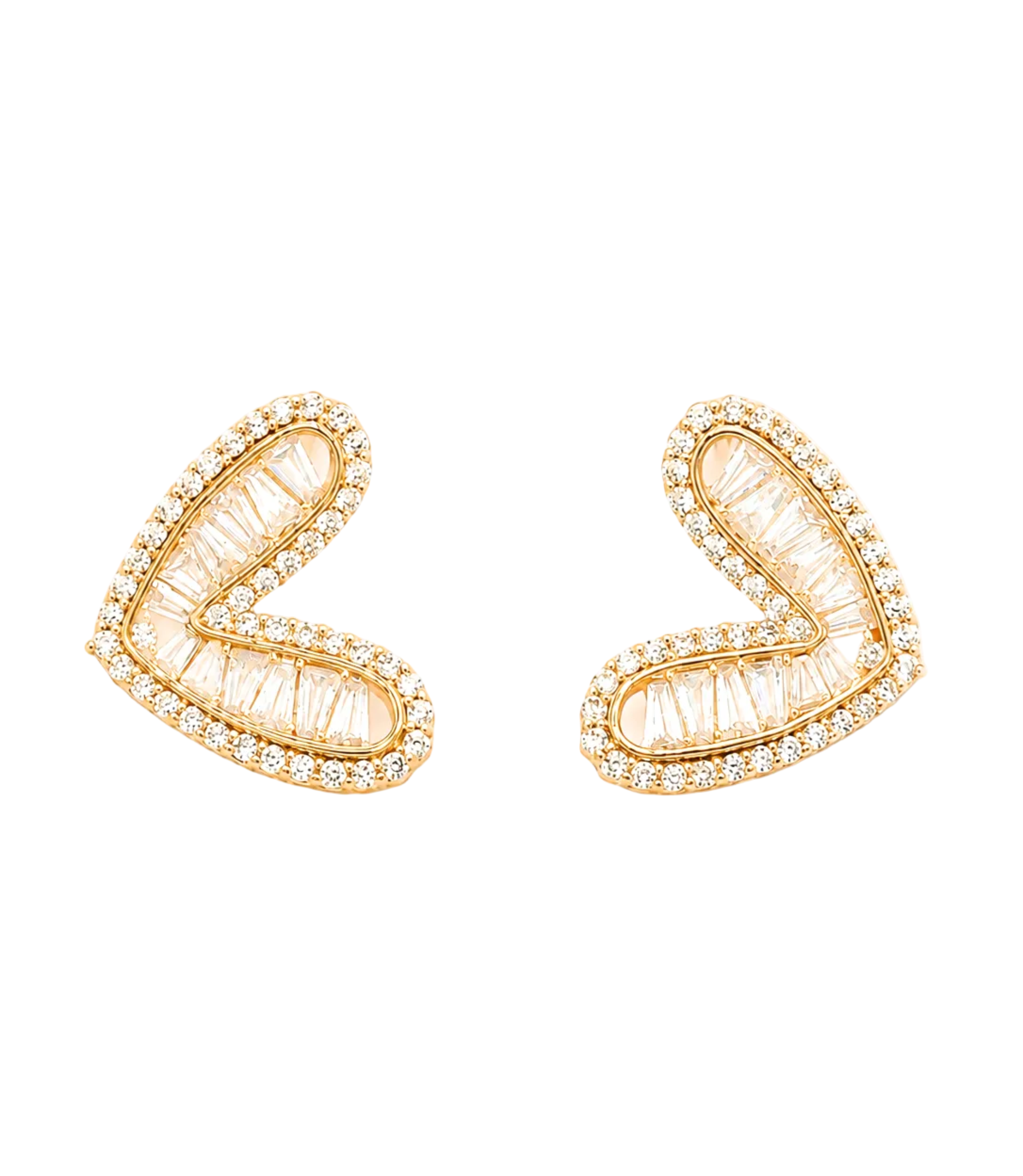 A pair of gold-toned, abstract-shaped stud earrings embellished with clear pavé-set stones, shown on a plain white background.