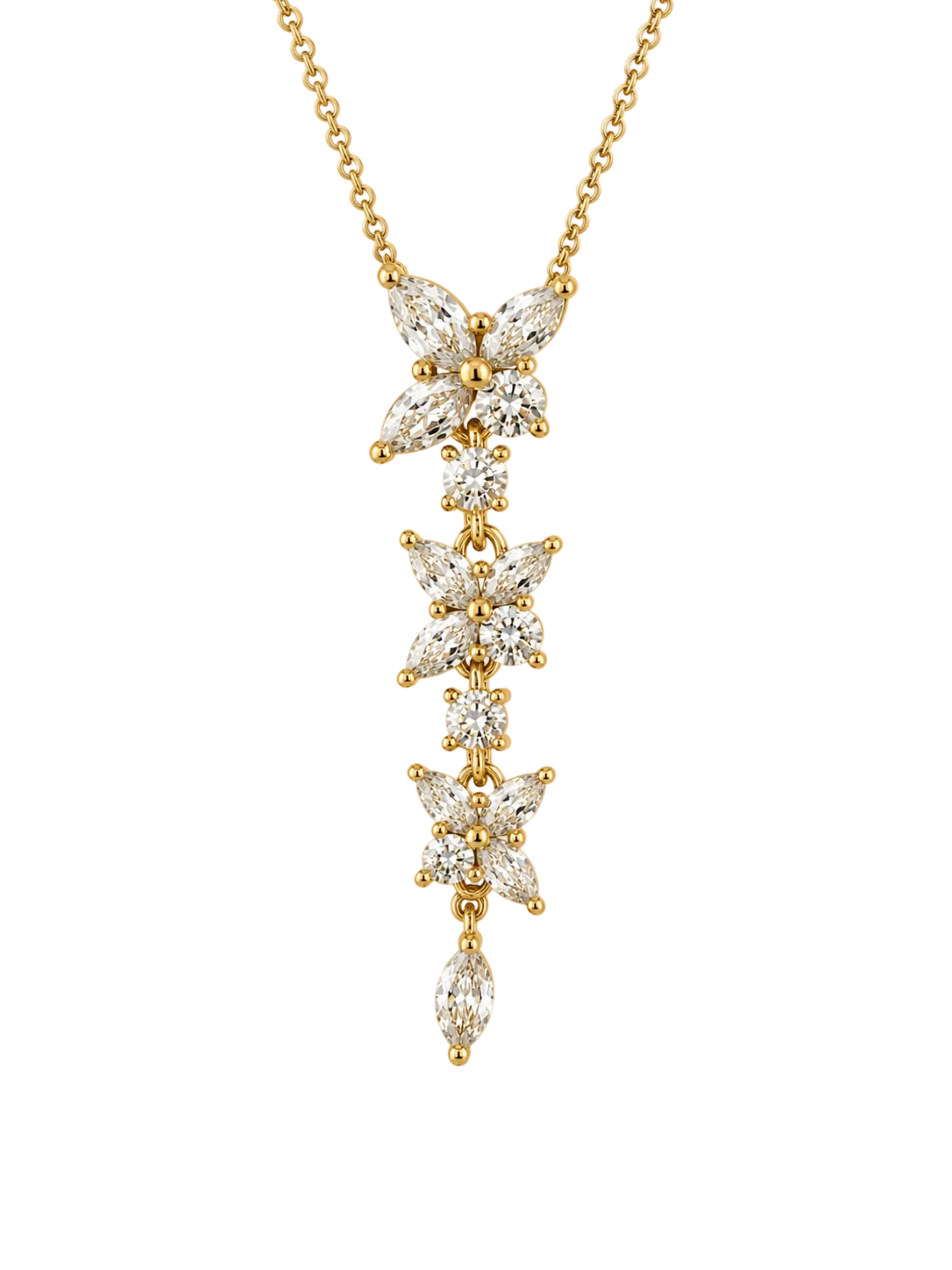 A gold pendant necklace featuring a vertical cascade of five starburst clusters set with clear marquise and round-cut stones, suspended from a delicate gold chain against a solid white background.