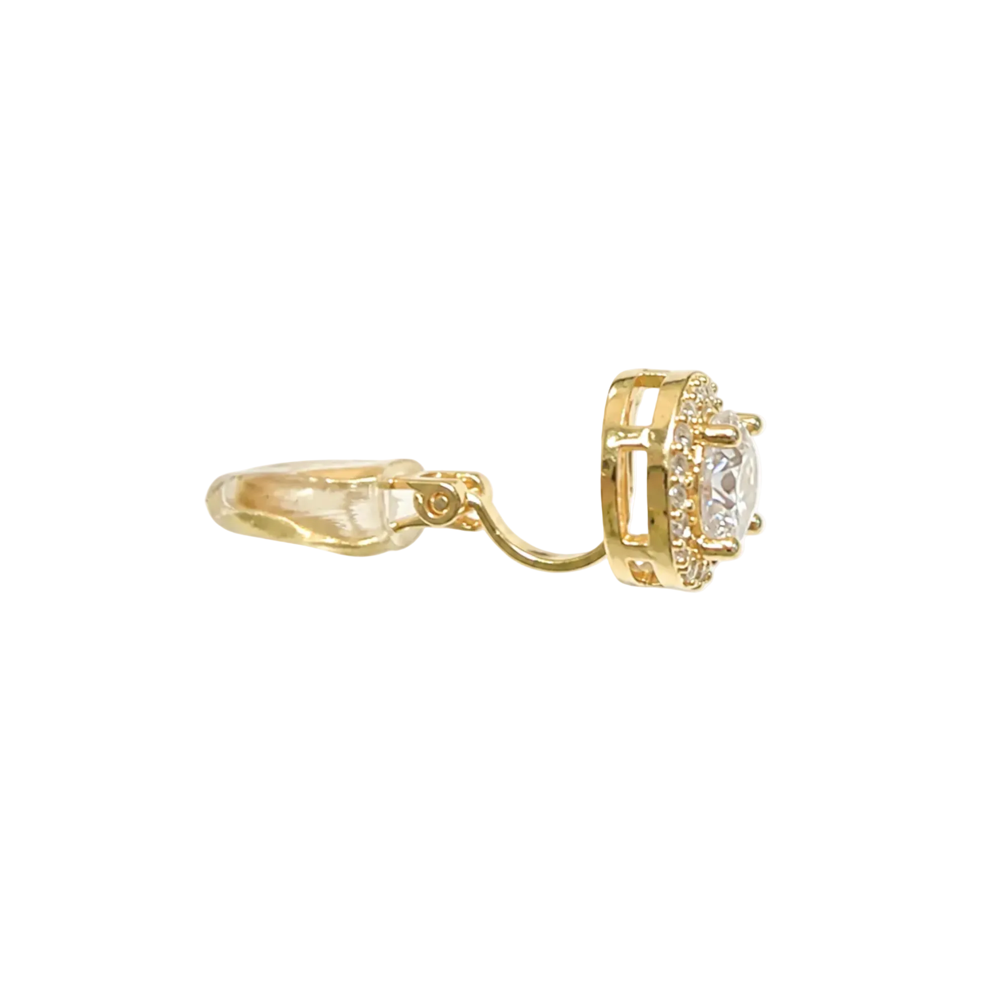 A yellow gold ring with a halo setting and a clear round-cut center stone, shown from a side profile on a white background.
