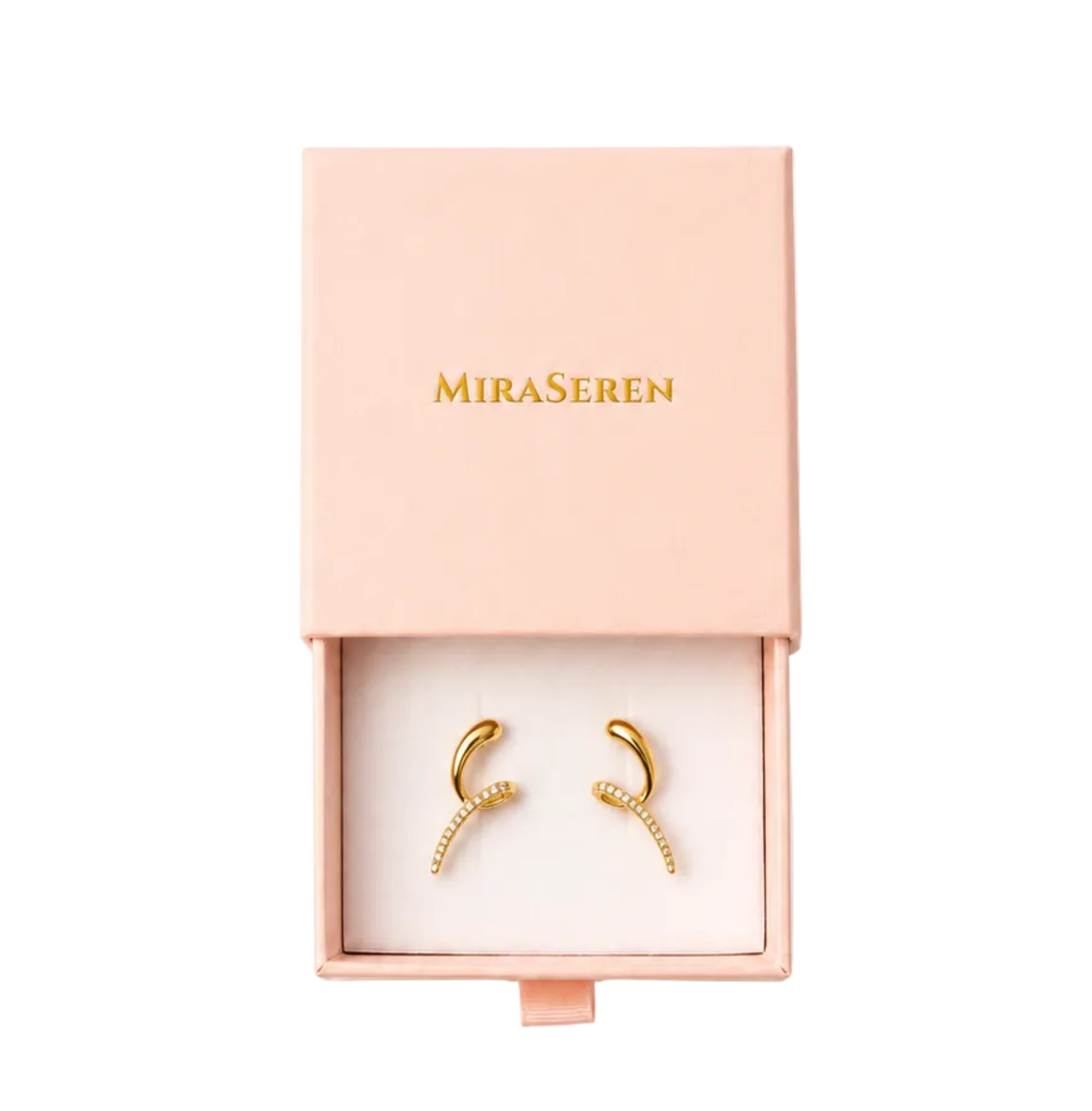 A pair of gold crescent-shaped hoop earrings with small clear stones, displayed in an open light pink Miraseren jewelry box on a white background.