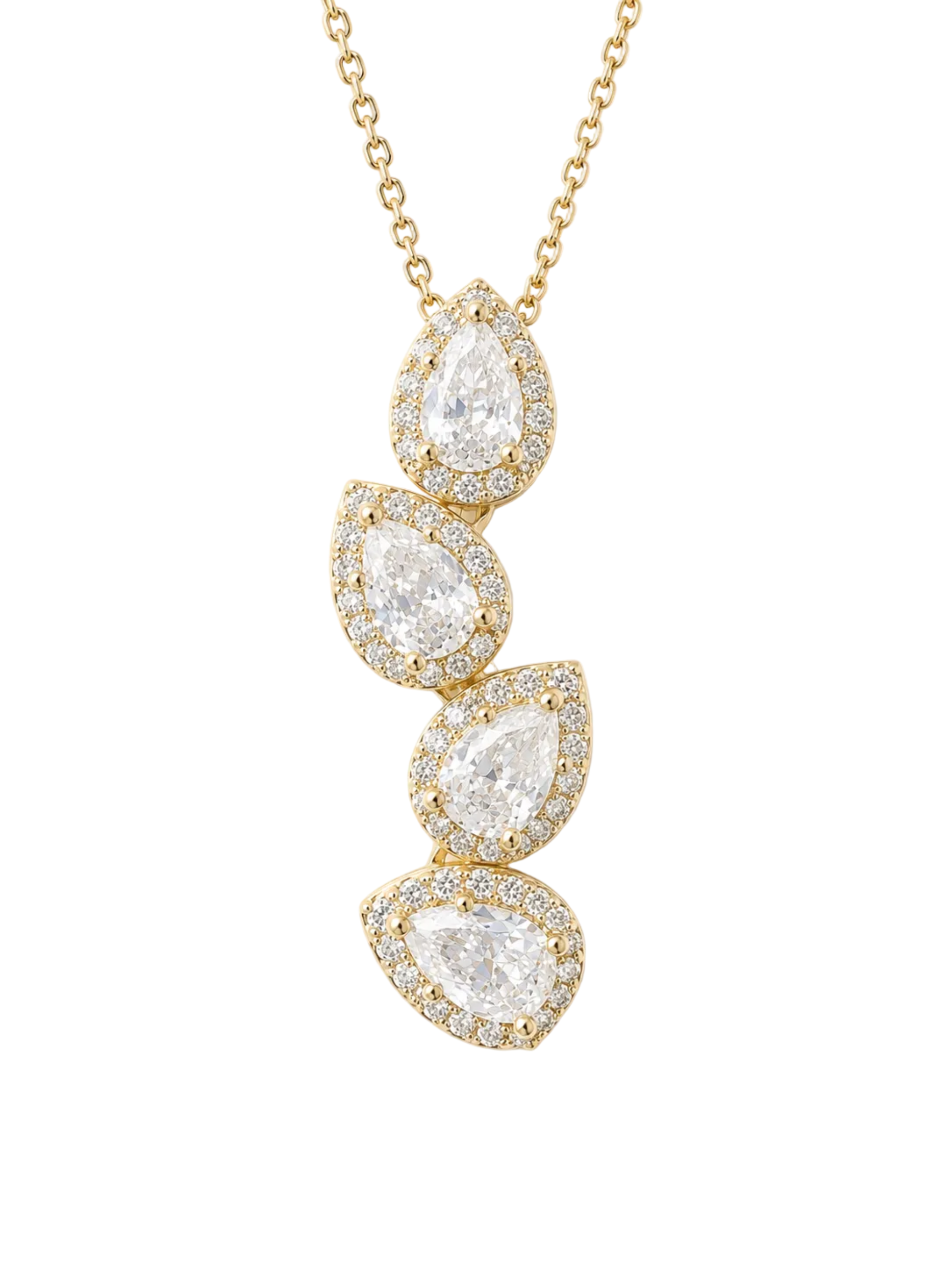A gold pendant necklace featuring four cascading pear-shaped clear gemstones surrounded by small pavé-set stones, shown on a plain white background.