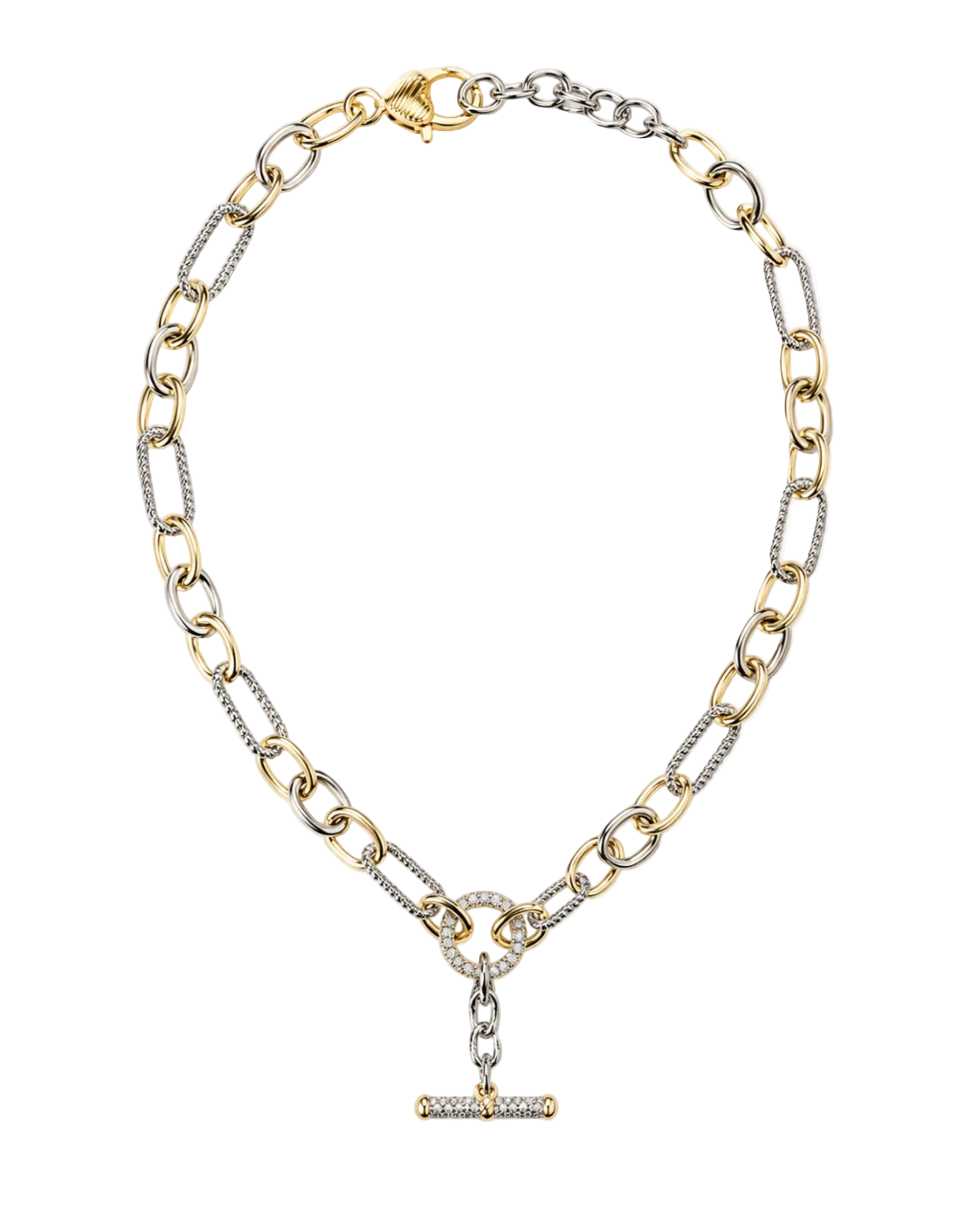 A two-tone chain necklace featuring alternating gold and silver-colored links, with a gold clasp and a small T-bar pendant embellished with clear stones, set against a plain white background.