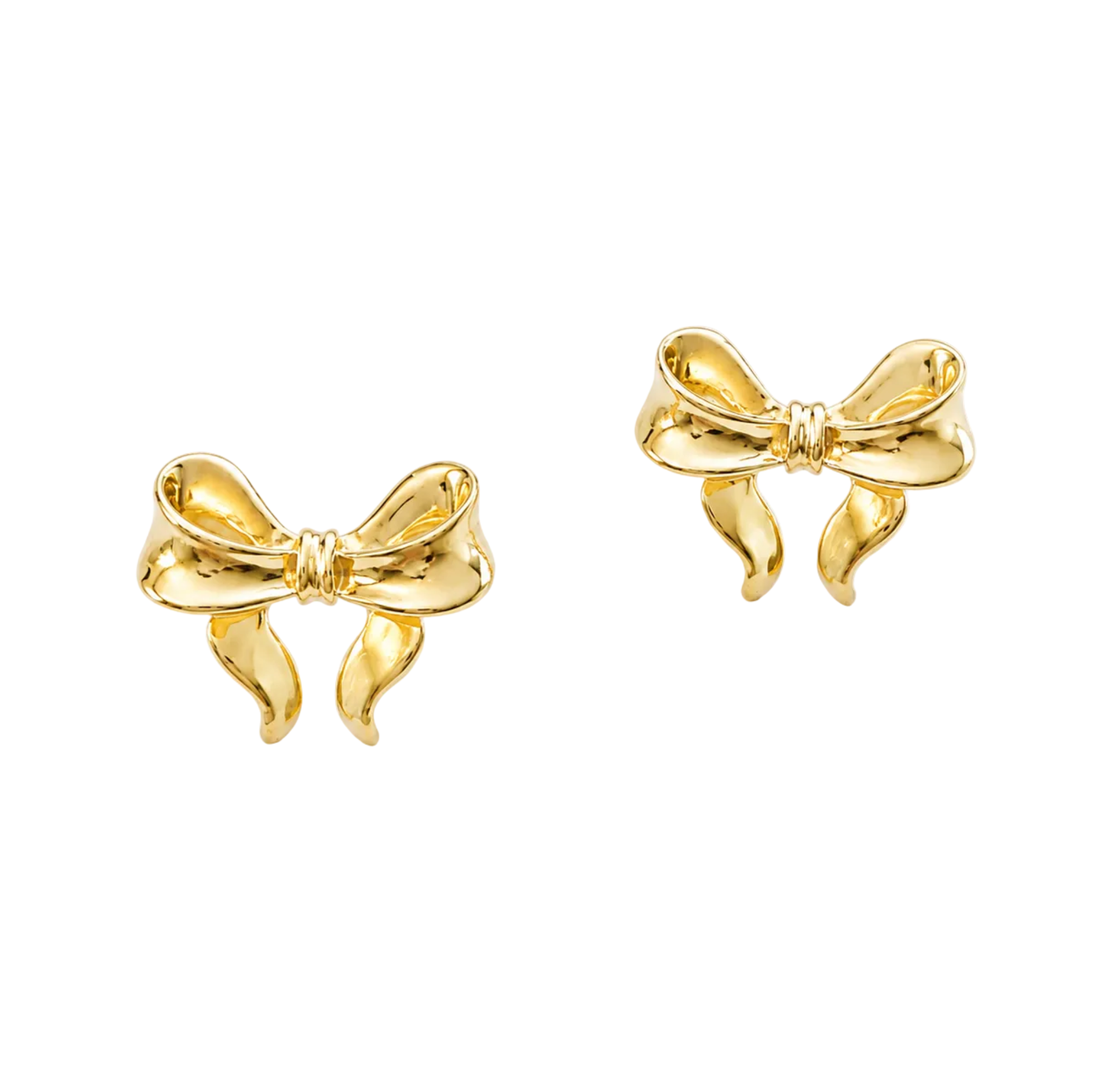 A pair of gold bow-shaped stud earrings on a clean white background.