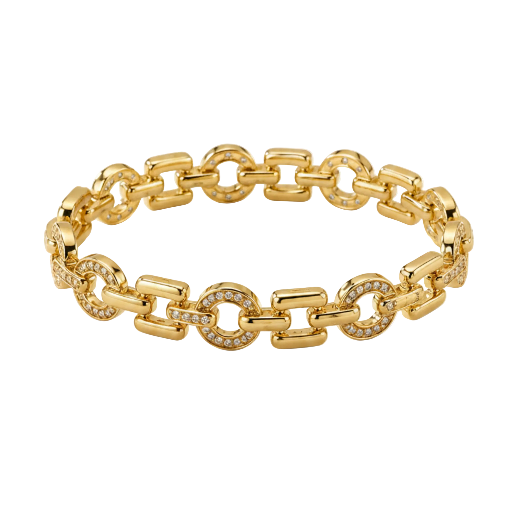 A gold chain link bracelet with alternating polished rectangular links and oval links set with small clear stones, displayed on a light beige background.