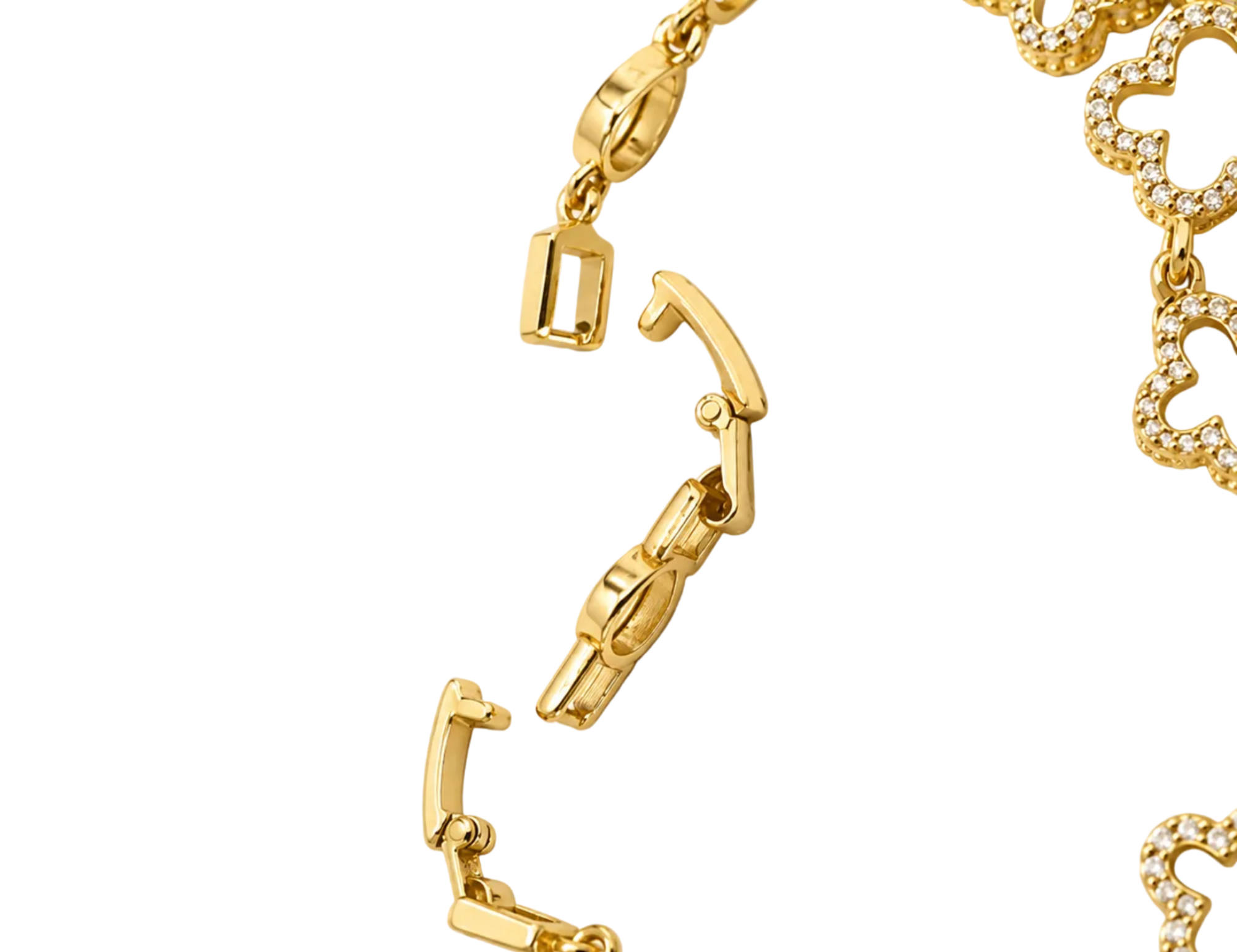 Gold-tone jewelry hardware components, including a lobster clasp, toggle-style connector, and curved hook elements, arranged on a clean white background.