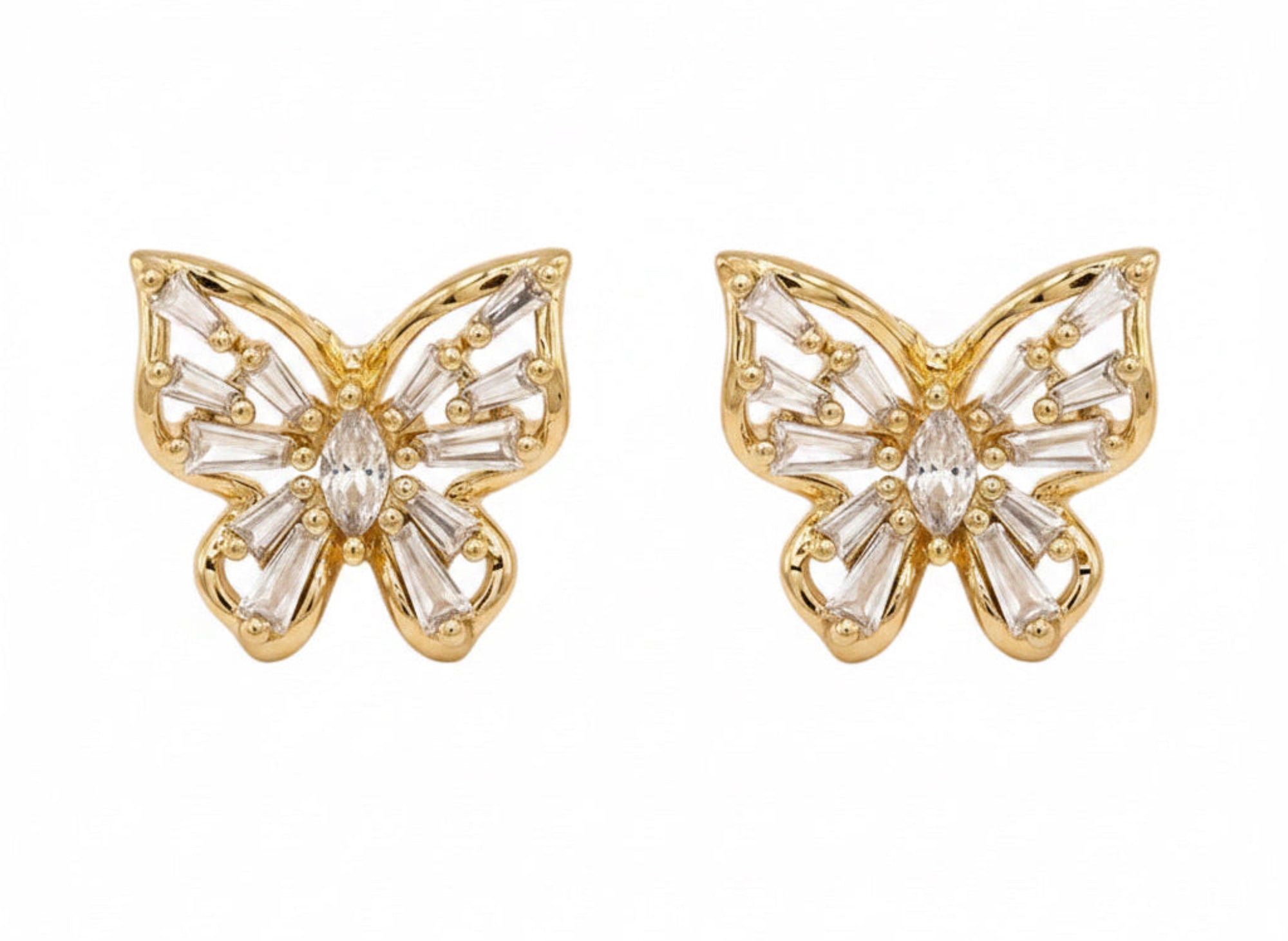 A pair of gold butterfly stud earrings embellished with clear baguette and round crystals, set against a plain white background.