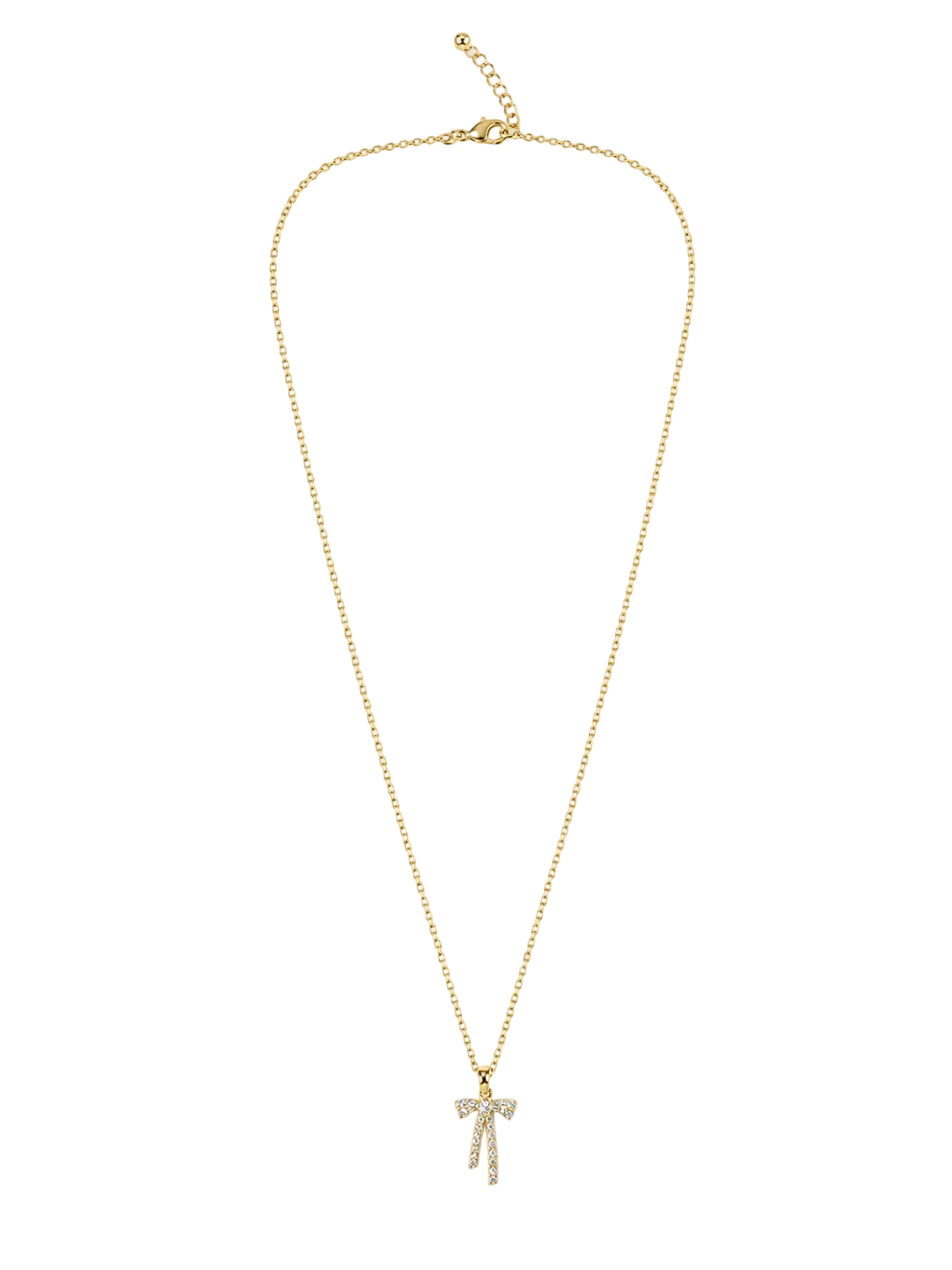 A delicate gold chain necklace with a small bow-shaped pendant adorned with clear stones, displayed against a solid white background.