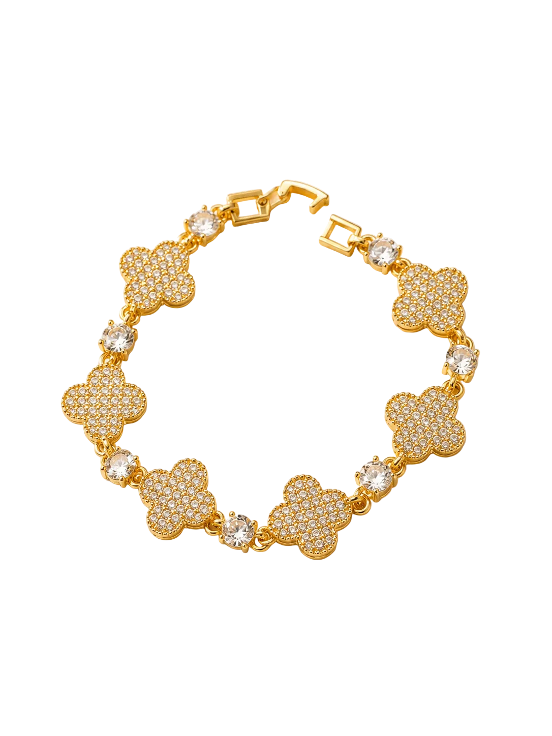 A gold-tone bracelet featuring five pavé-set clover motifs and small round clear stones, displayed on a light beige background.