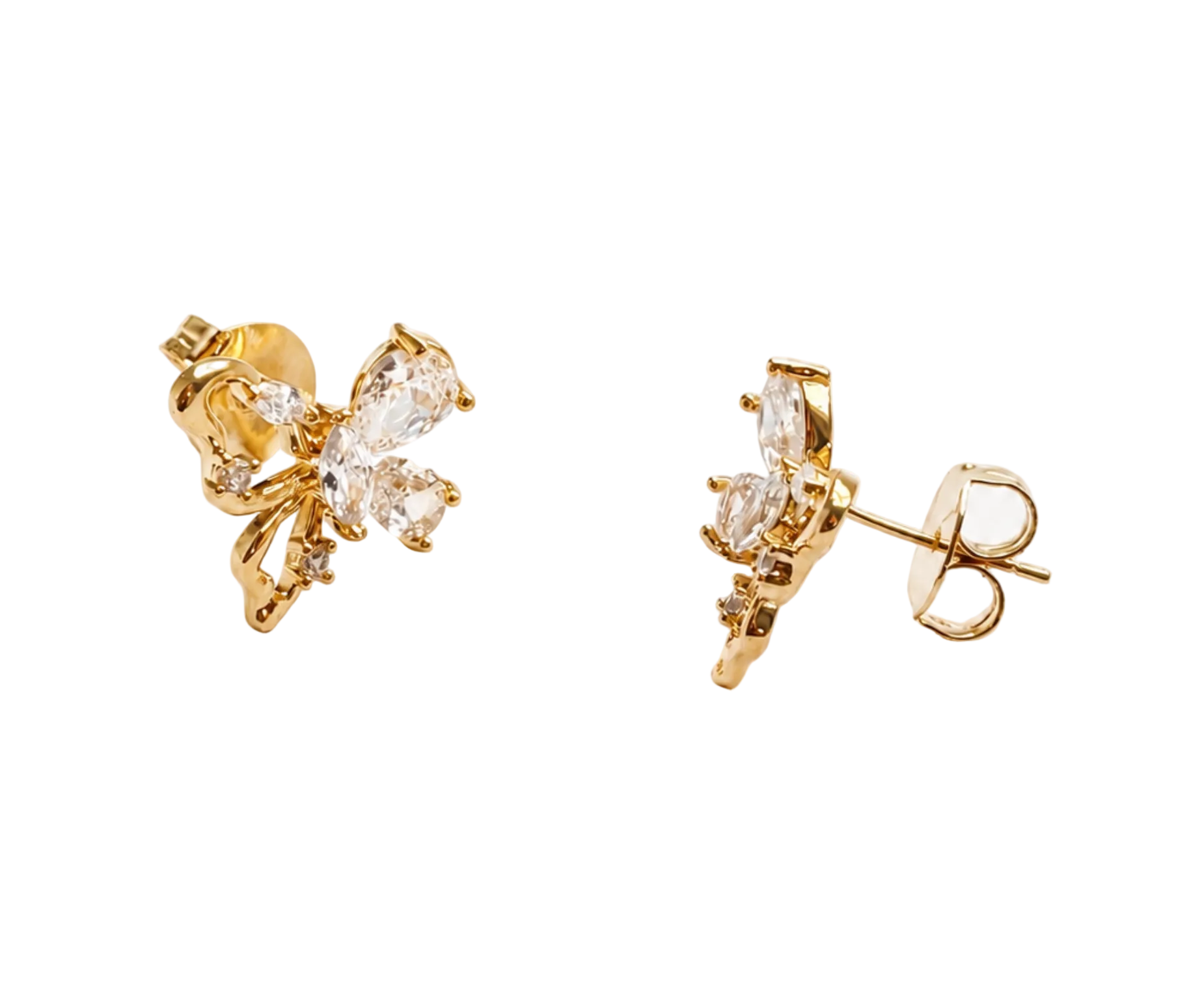 A pair of gold butterfly stud earrings with clear marquise-cut gemstones, shown on a clean white background. One earring is facing forward to show the front design, and the other is turned sideways to show the post and butterfly backing.