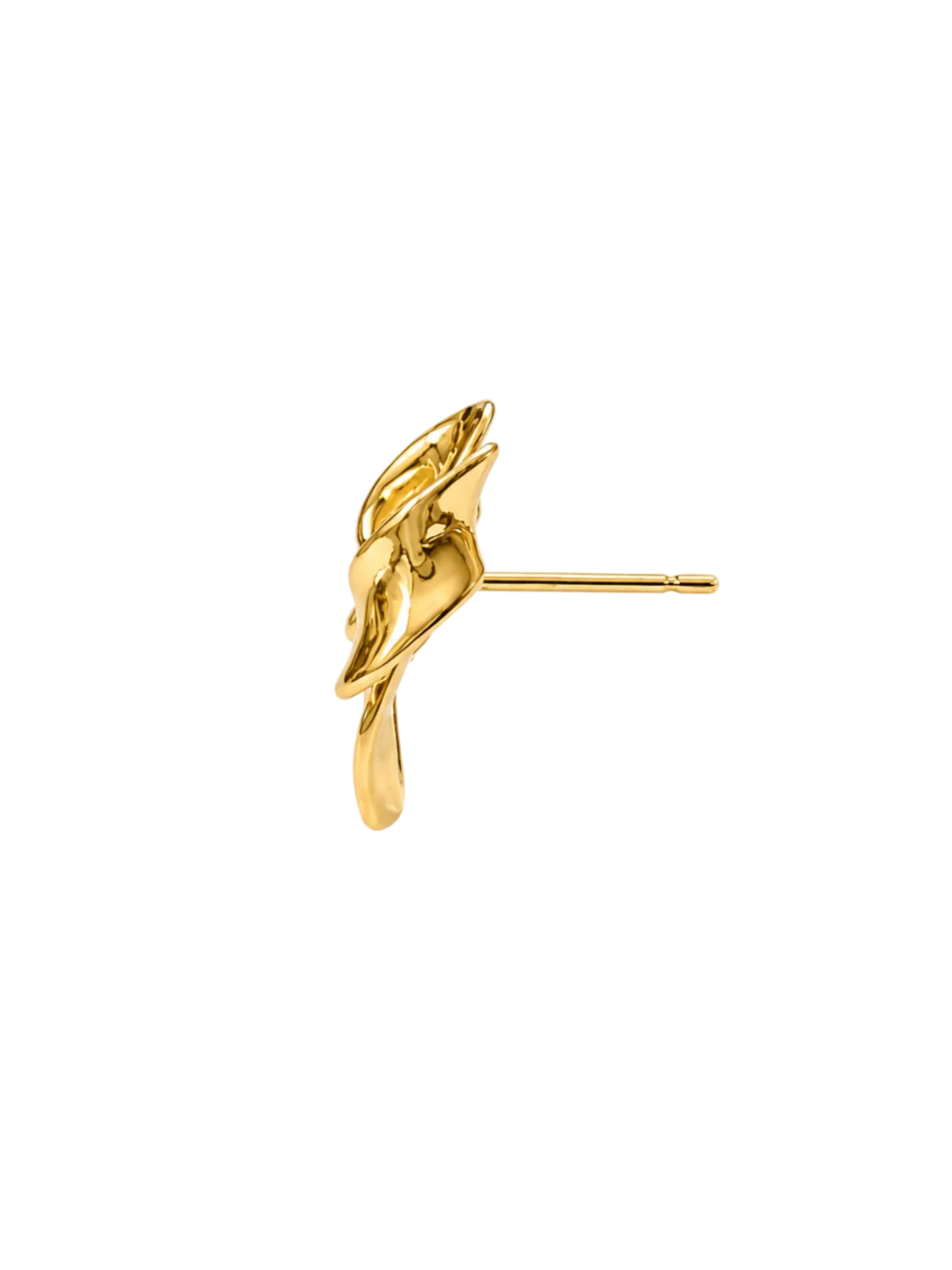 A single gold stud earring with a twisted, organic loop design and a straight post, shown on a plain white background.