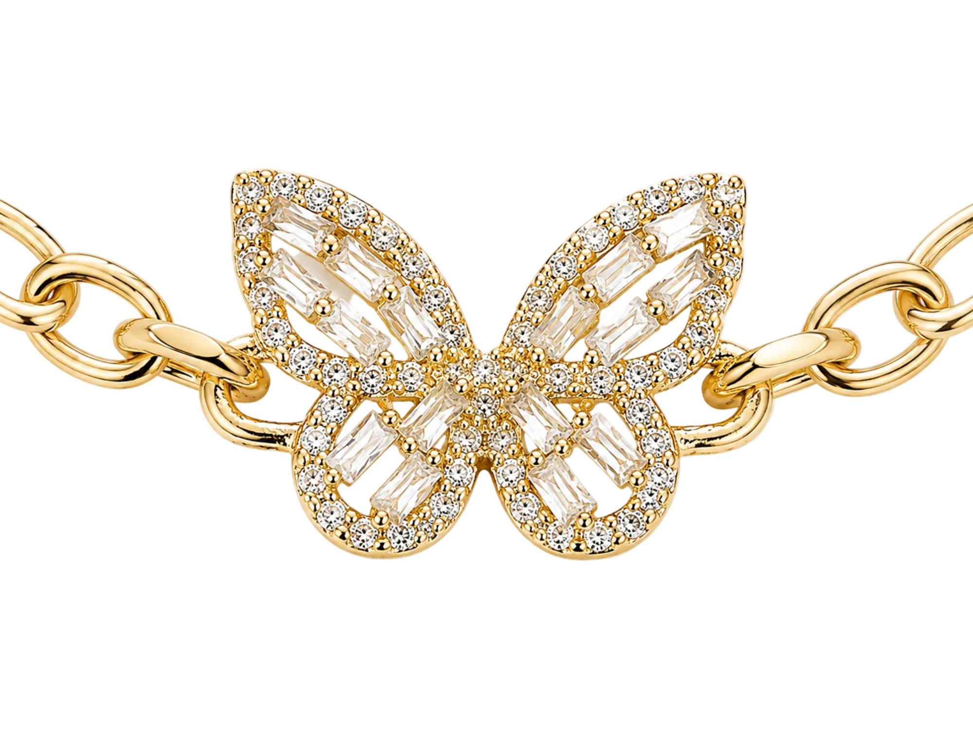 A gold butterfly-shaped link chain bracelet featuring clear baguette and round-cut stones, shown on a clean white background.