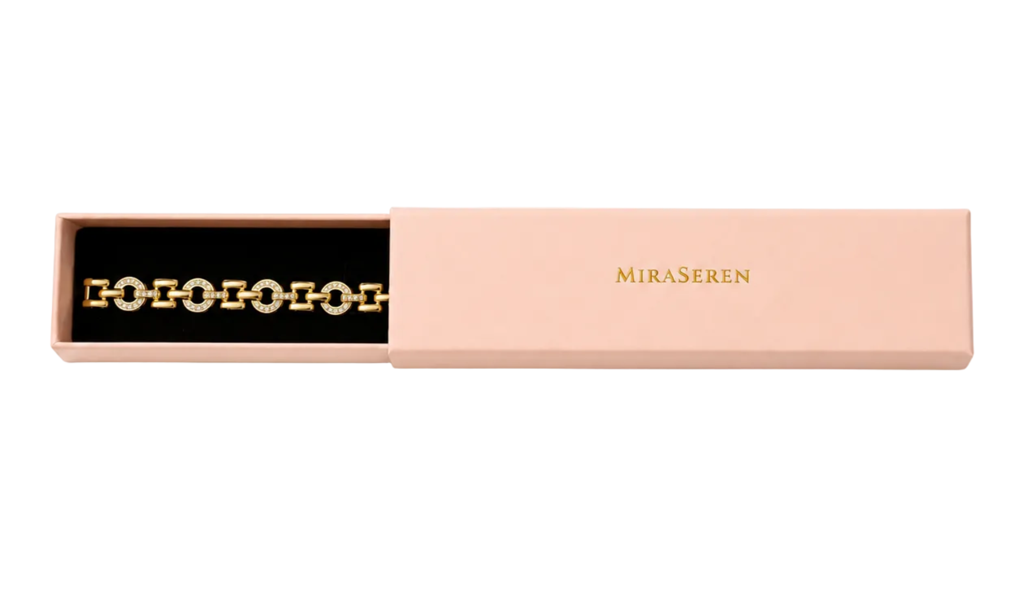 A gold chain bracelet with interlocking circular links, displayed inside an open pale pink Miraseren jewelry box on a white background.