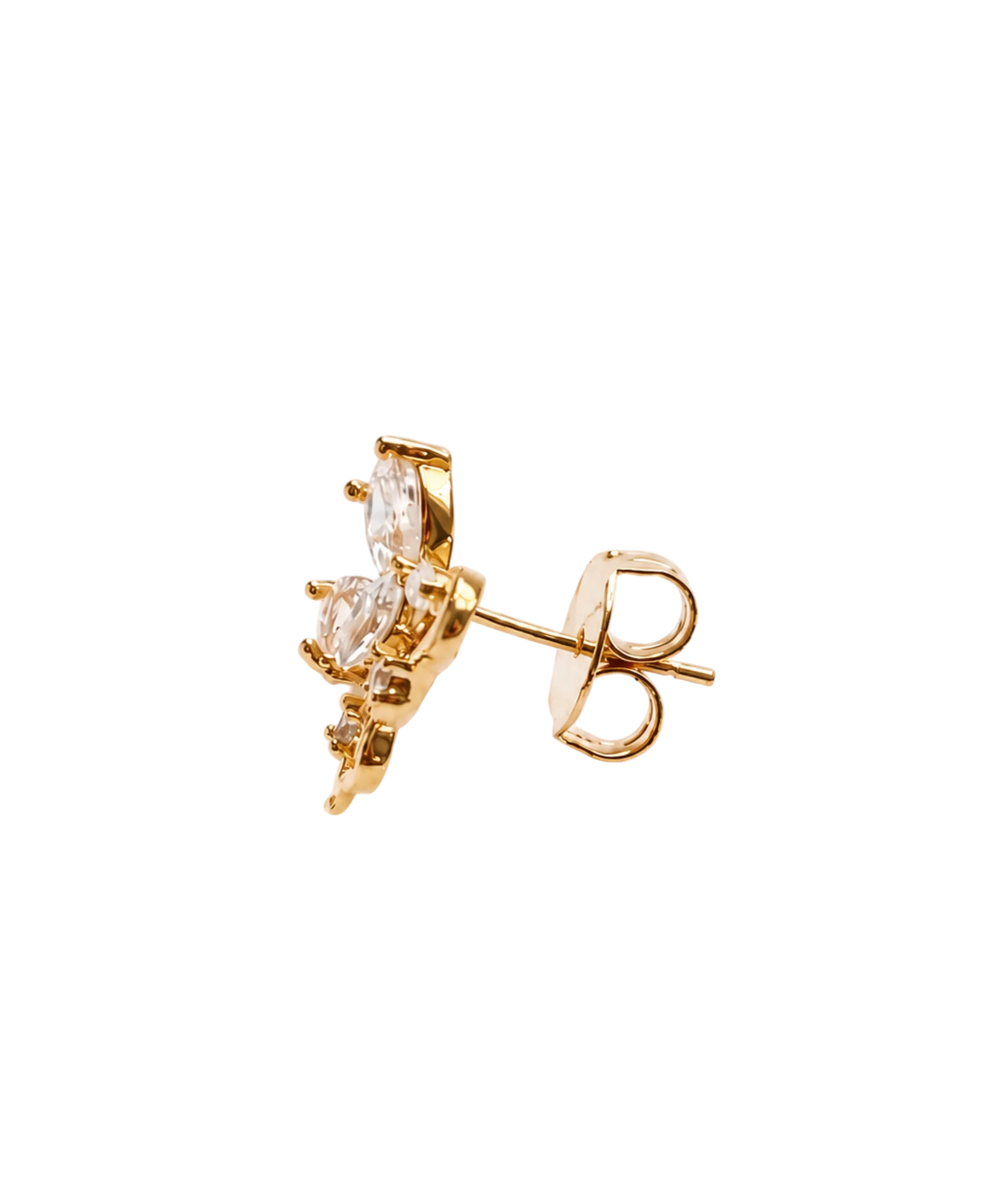 A single gold stud earring with marquise-cut clear gemstones, shown from the side on a clean white background.