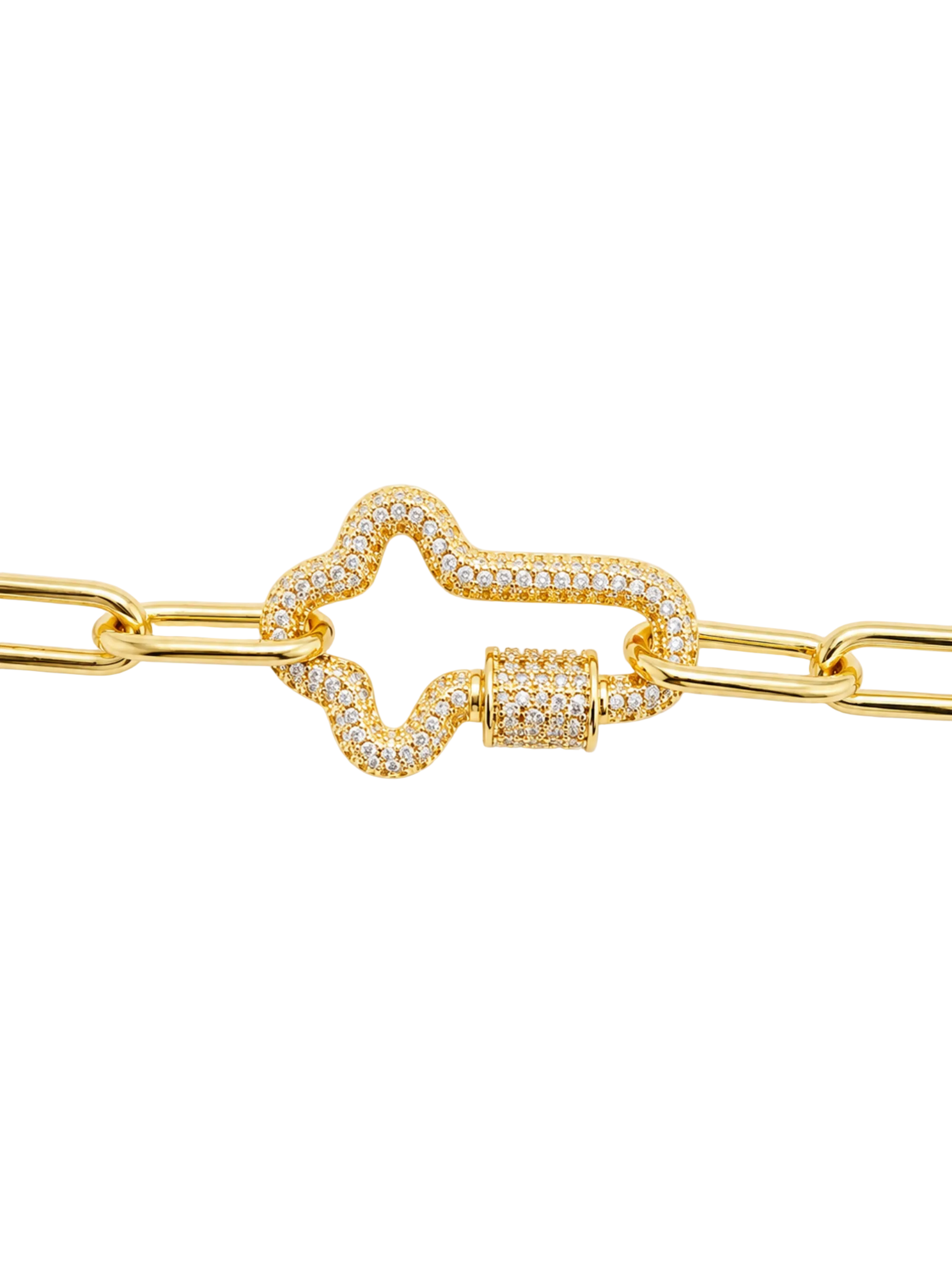 Gold chain bracelet featuring a central clover-shaped clasp and connector links paved with small clear stones, shown on a plain white background.