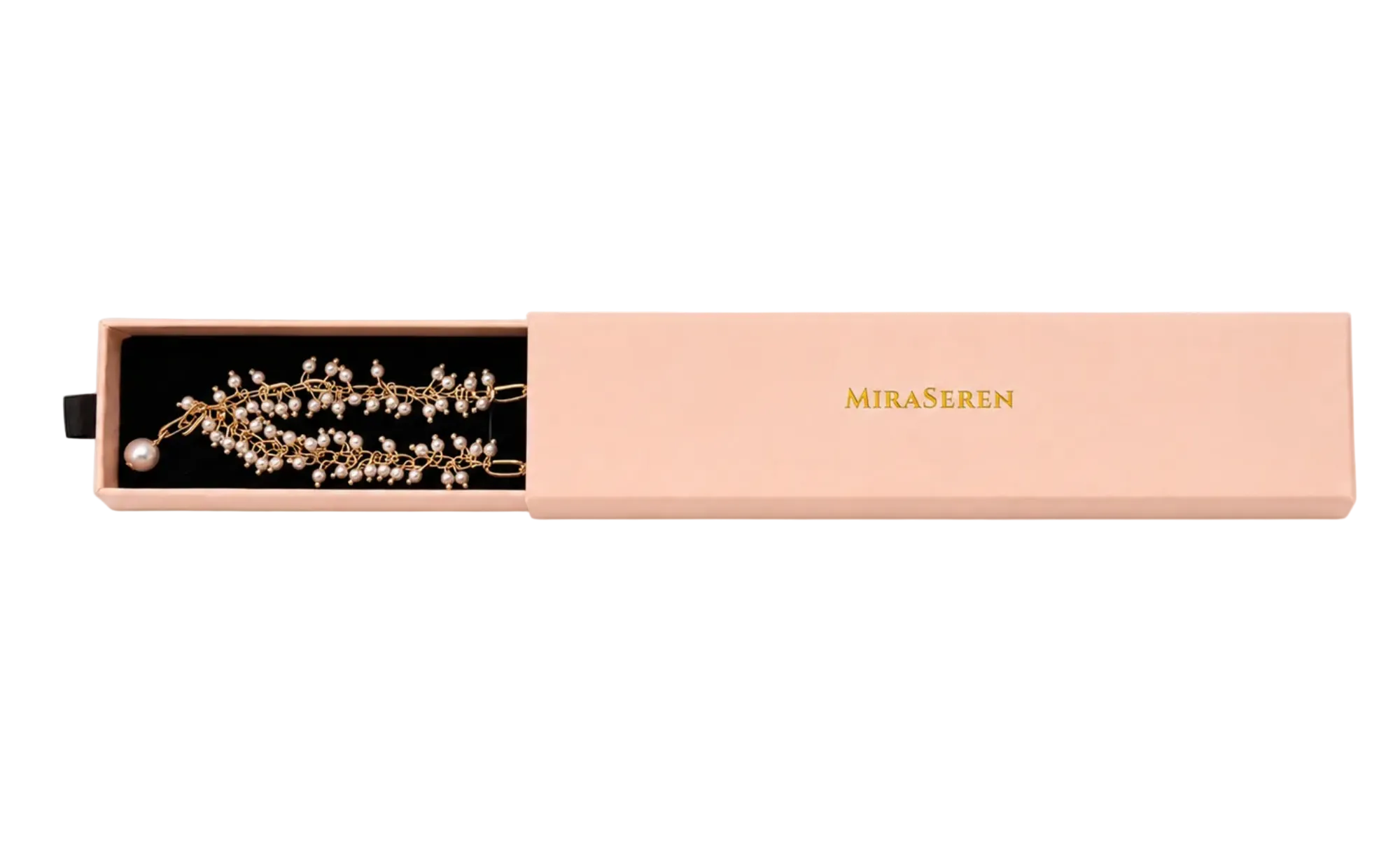 A Miraseren pearl hair vine accessory displayed in its open pink presentation box, set against a clean white background.