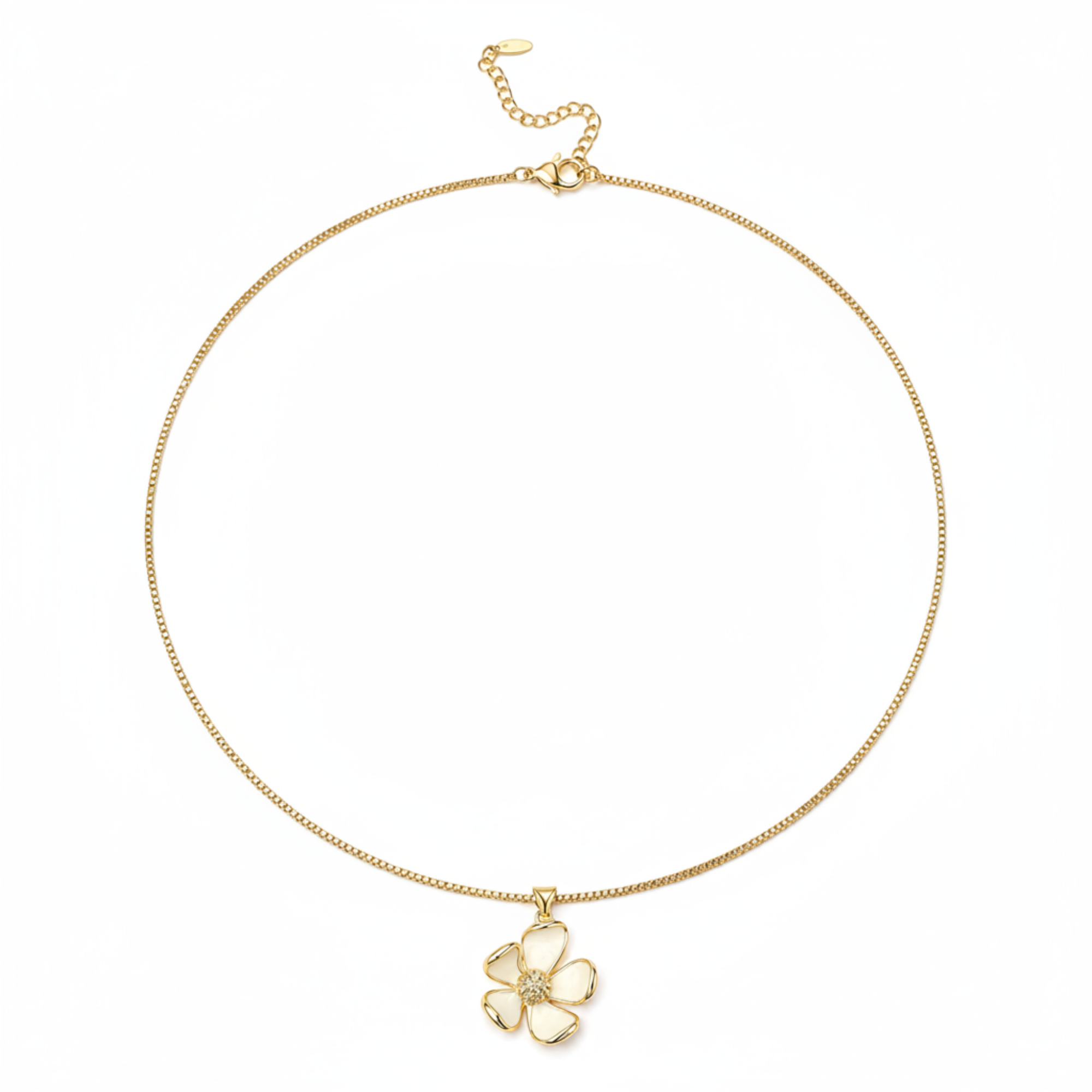 A delicate gold chain necklace featuring a small five-petal flower charm with a clear crystal center, displayed on a clean white background.