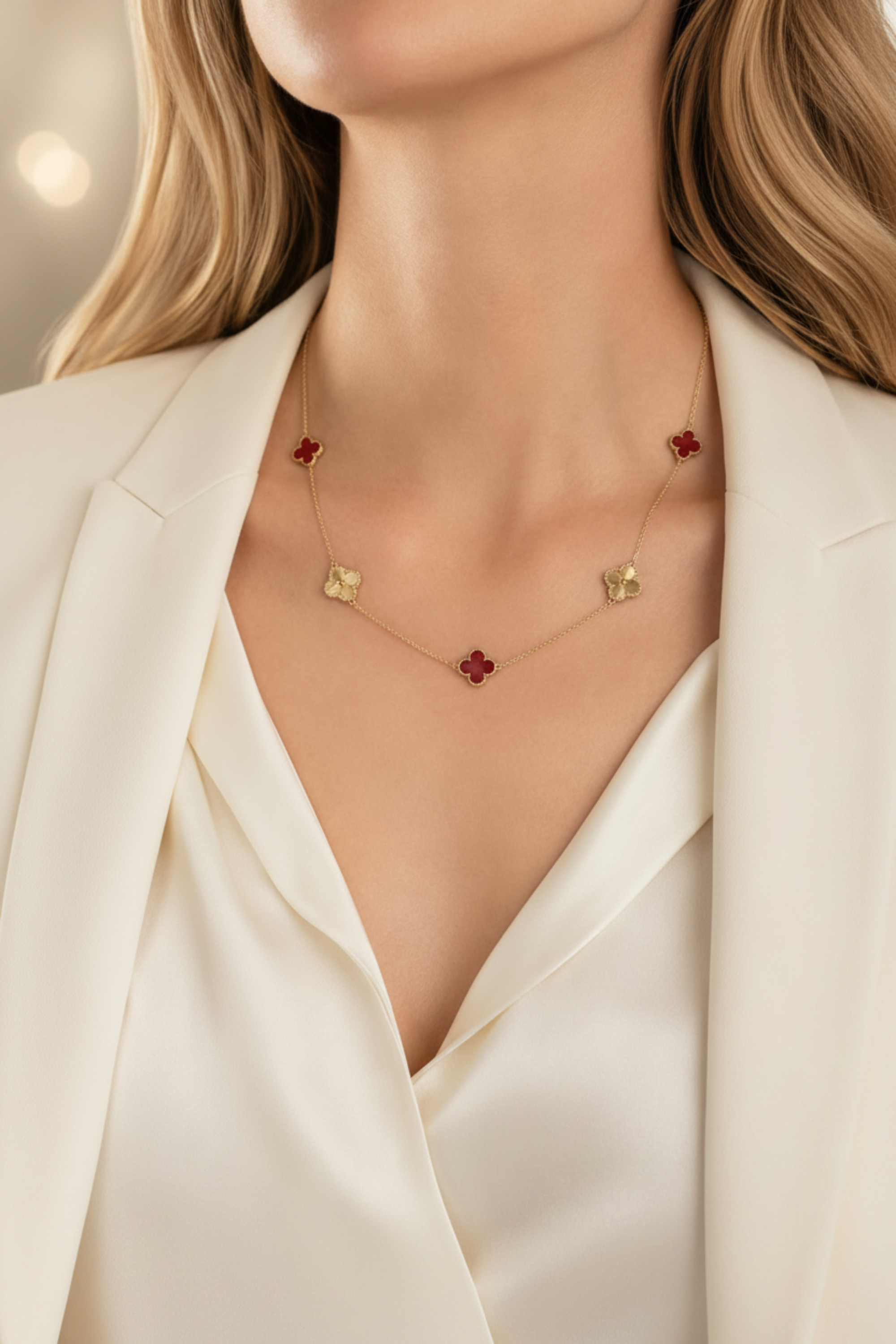 A close-up of a model wearing a delicate gold chain necklace with four red clover-like charms and two small white flower charms, styled with a cream-colored blazer.