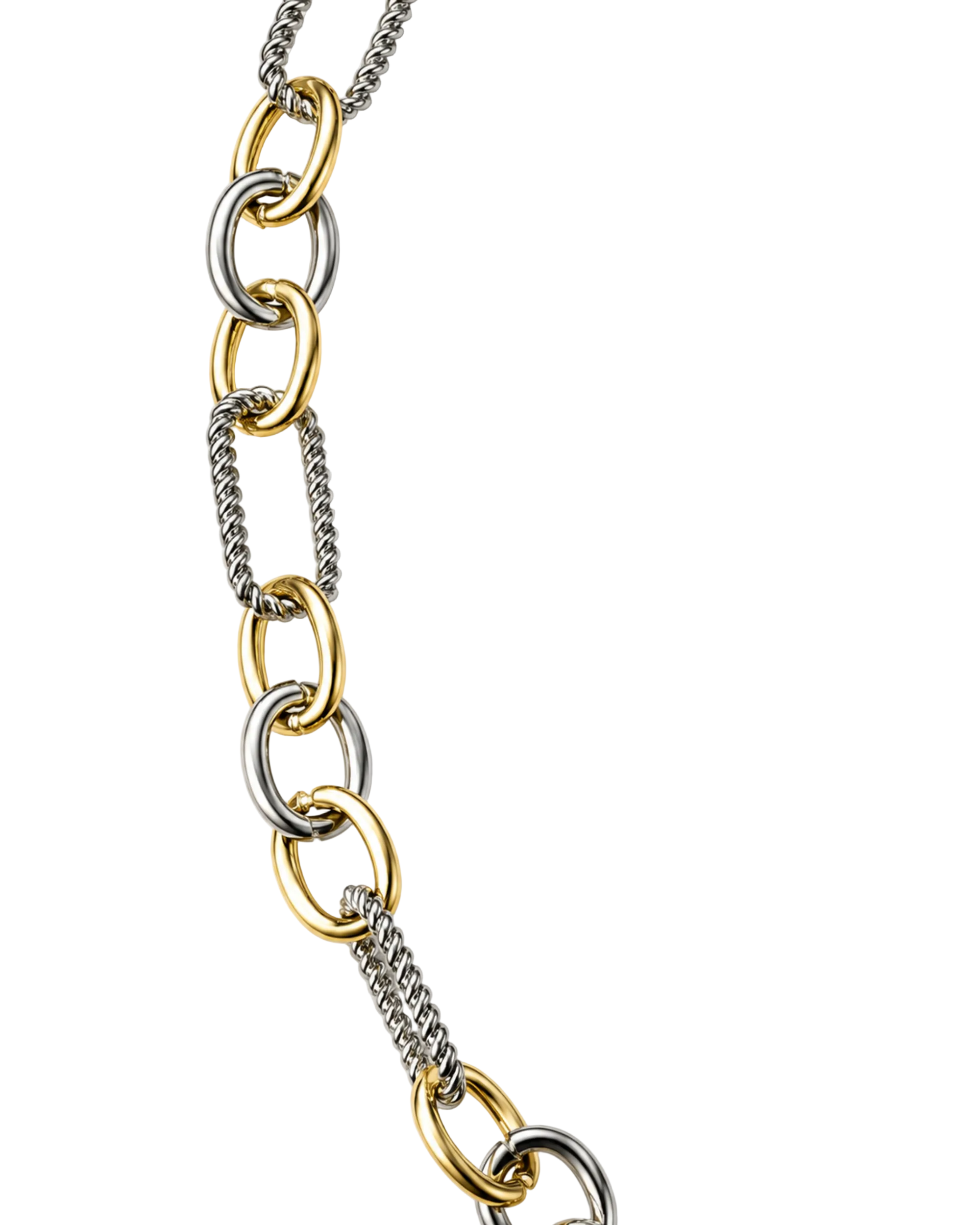 A close-up of a two-tone chain necklace featuring alternating polished gold and silver oval links, with twisted silver cable links, on a clean white background.