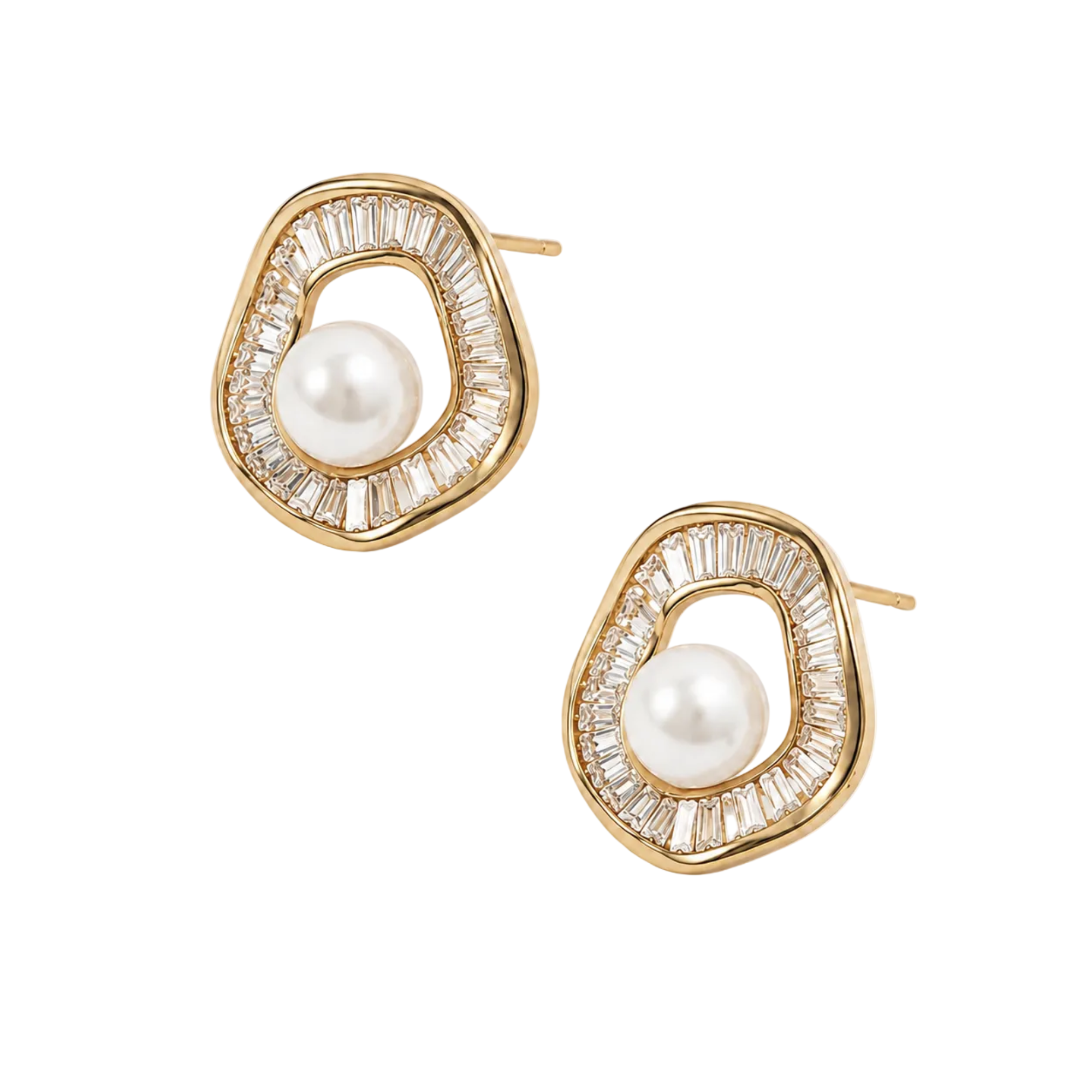 A pair of gold and pearl stud earrings with baguette crystal detailing, shown on a clean white background.