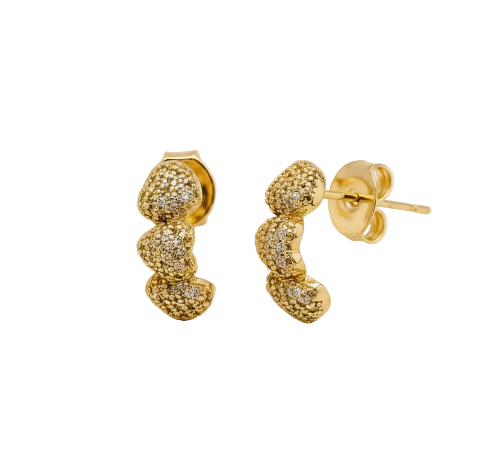A pair of gold crescent-shaped stud earrings with textured pavé heart details, shown on a clean light gray background.