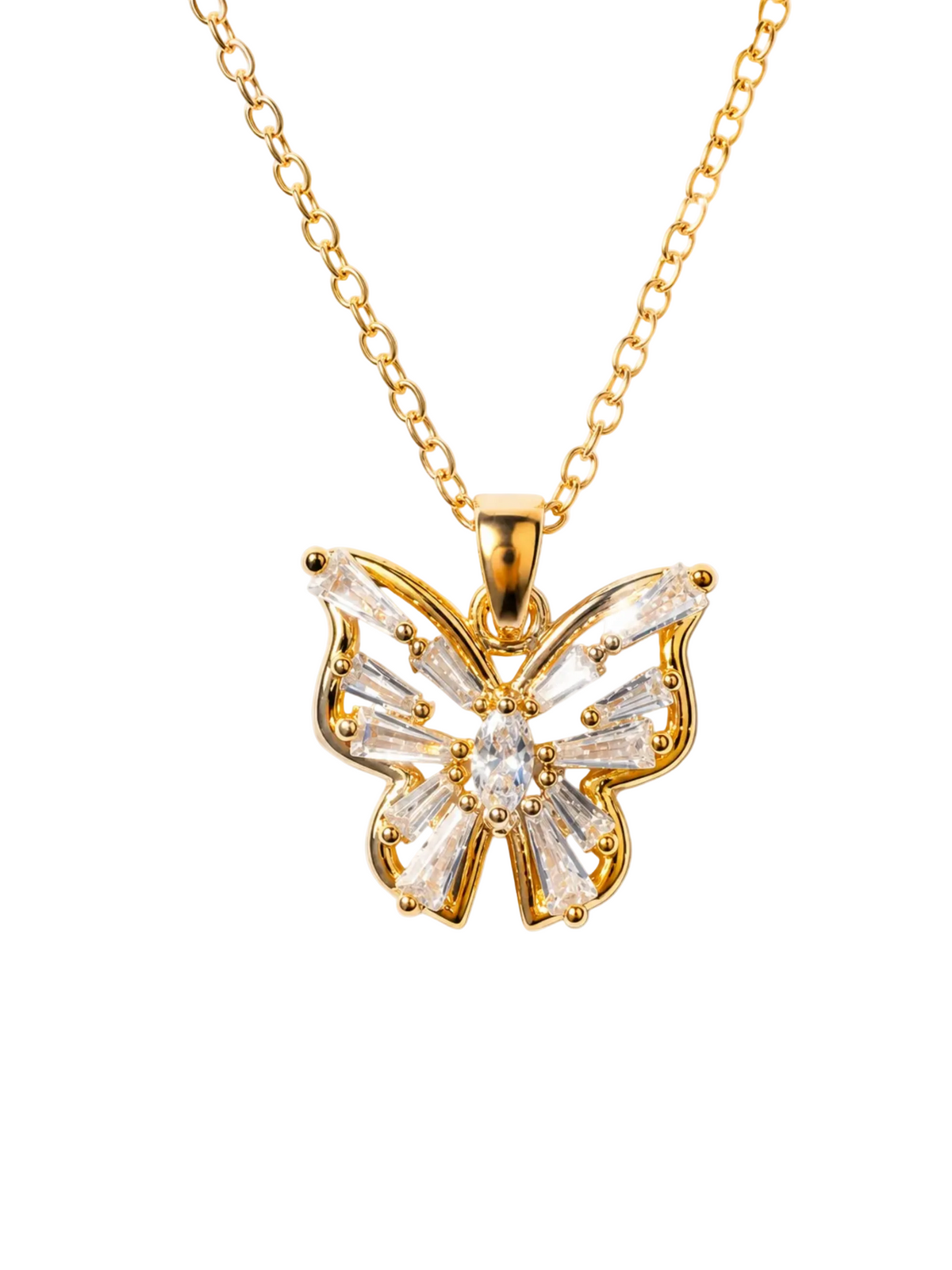 A gold butterfly pendant necklace adorned with clear baguette and round crystals, suspended from a delicate gold chain against a light gray background.