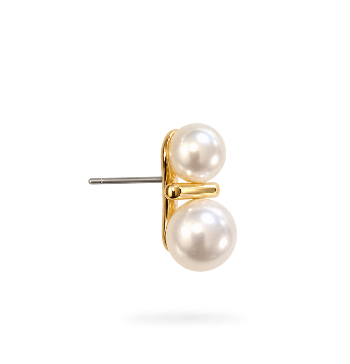 A single gold stud earring featuring two round white freshwater pearls on a clean white background.