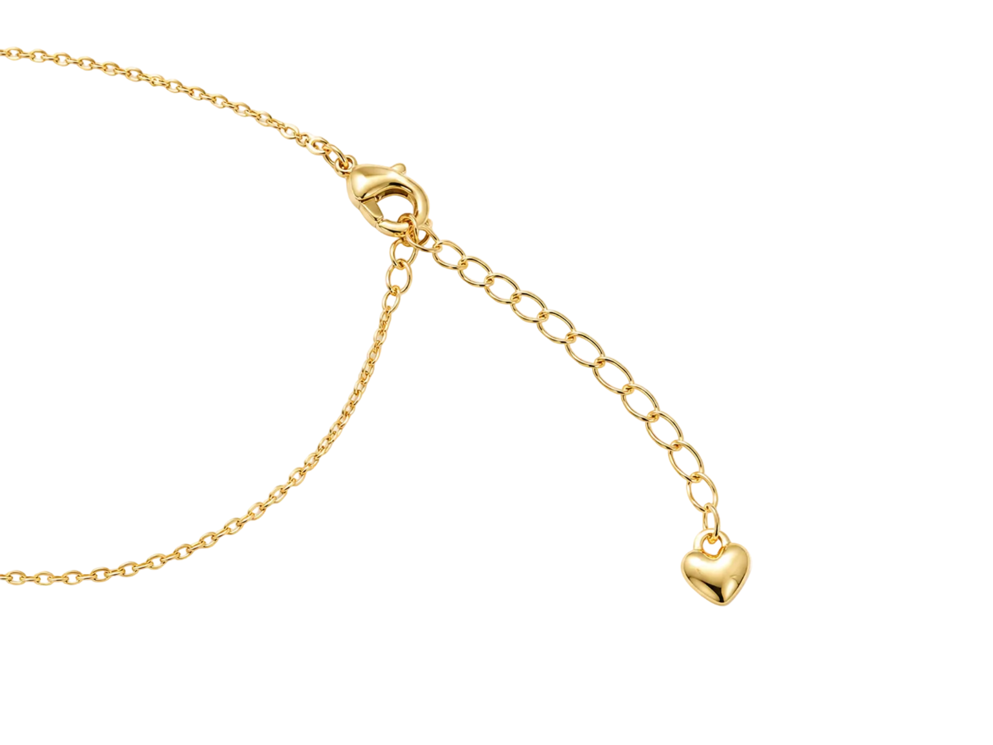 A close-up of a gold chain necklace with a lobster clasp, an adjustable extension chain, and a small polished heart-shaped pendant on a plain white background.
