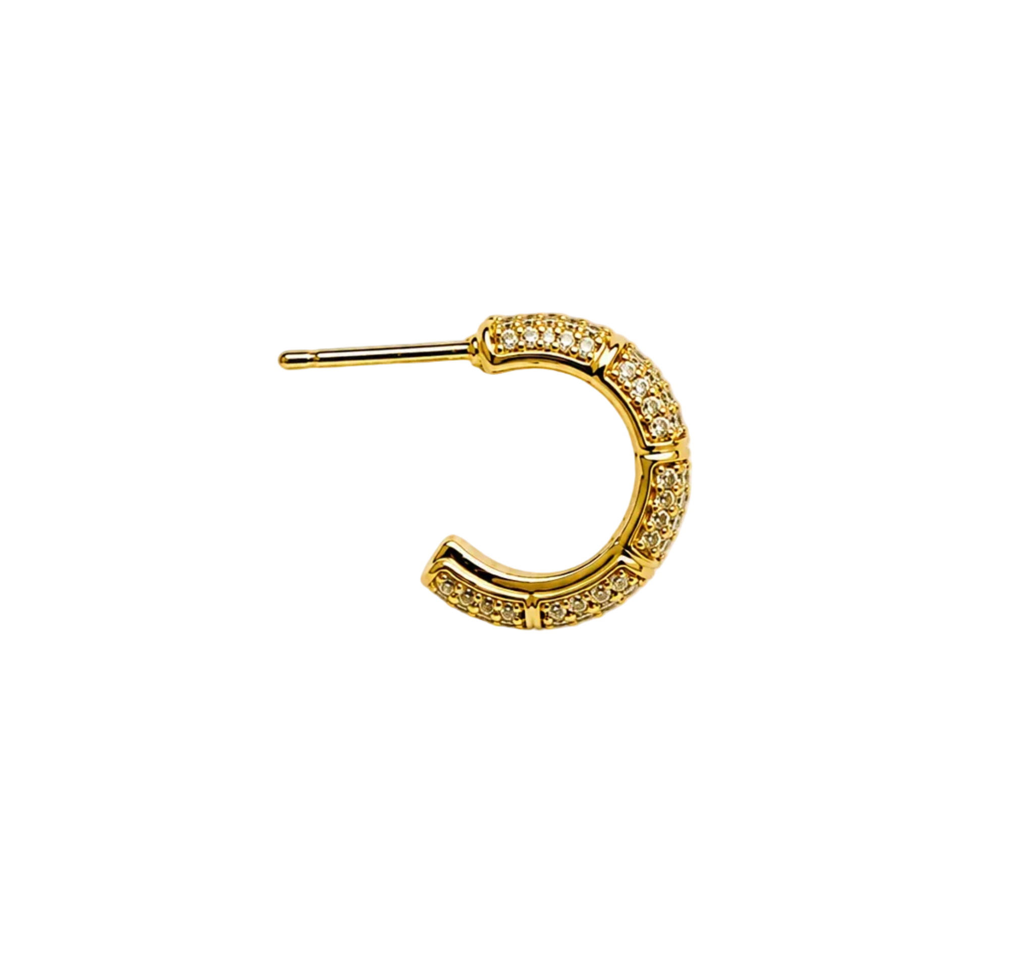 A gold crescent-shaped hoop earring with pavé-set clear stones along the outer curve, shown on a plain white background.