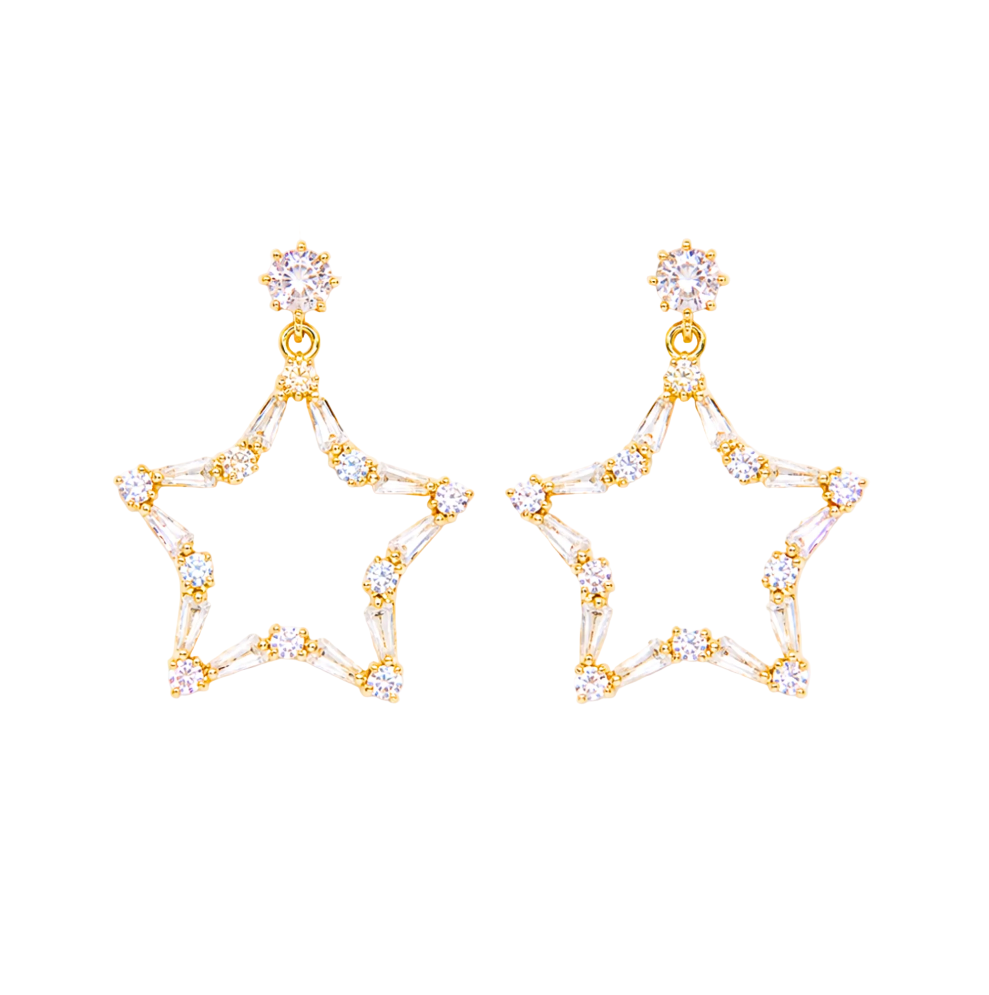 A pair of gold star-shaped dangle earrings embellished with clear crystals, shown against a plain white background.