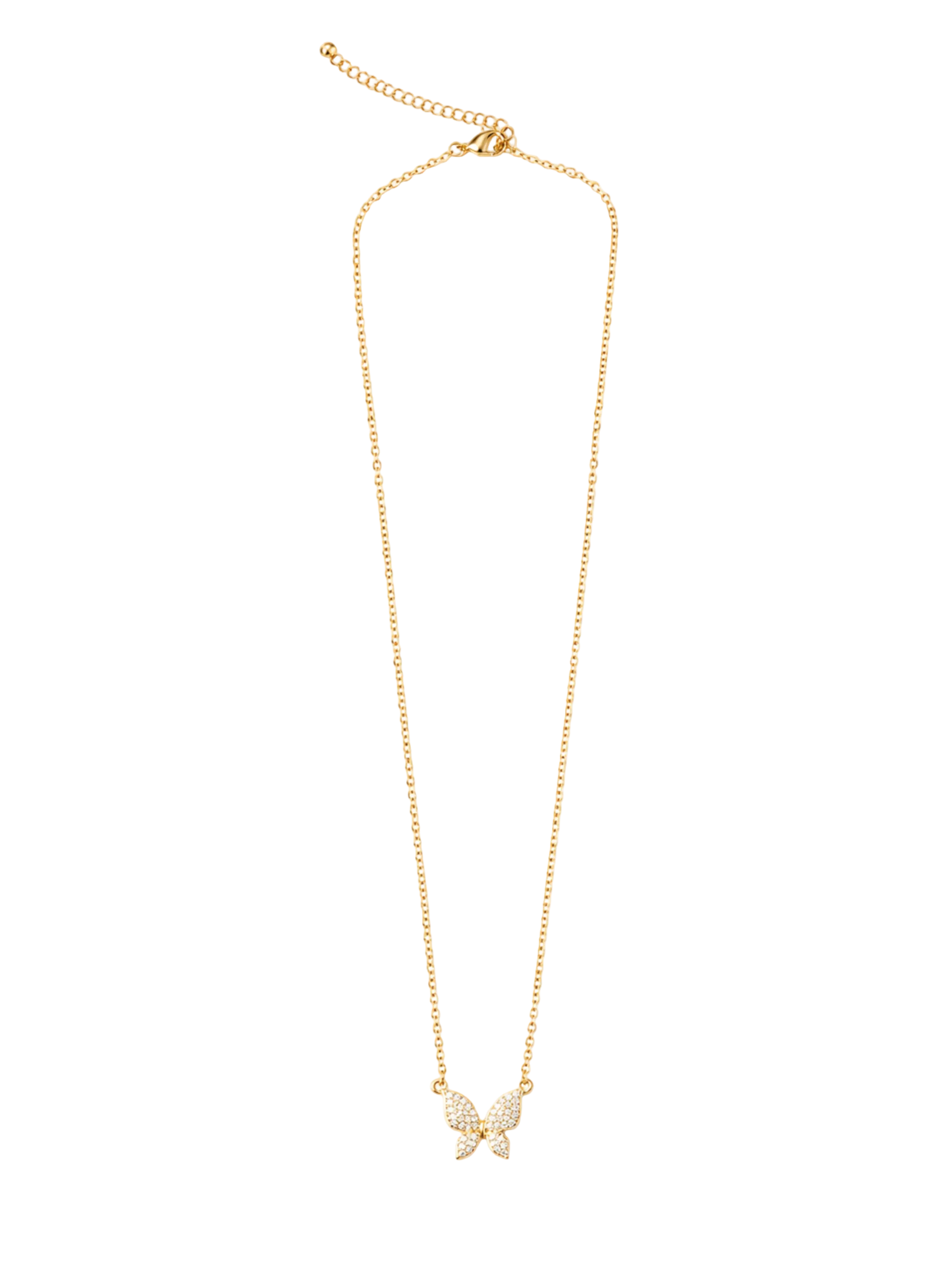A delicate gold chain necklace featuring a small bow pendant encrusted with clear rhinestones, displayed against a solid white background.