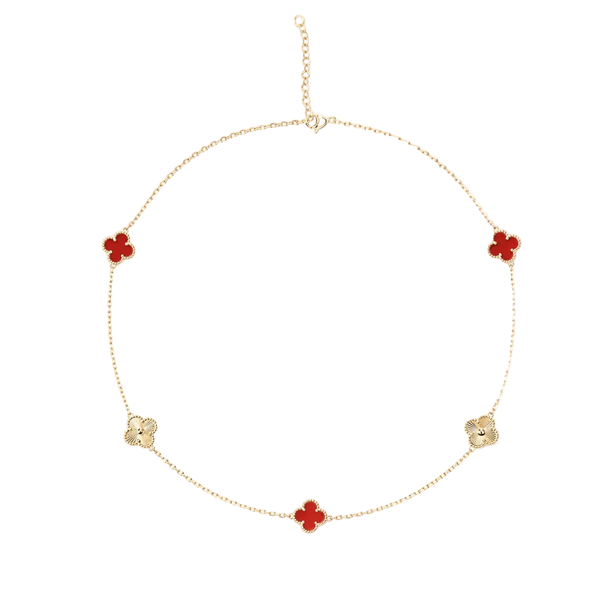 A delicate gold chain necklace featuring five red clover-shaped charms spaced evenly along the chain, displayed on a clean white background.