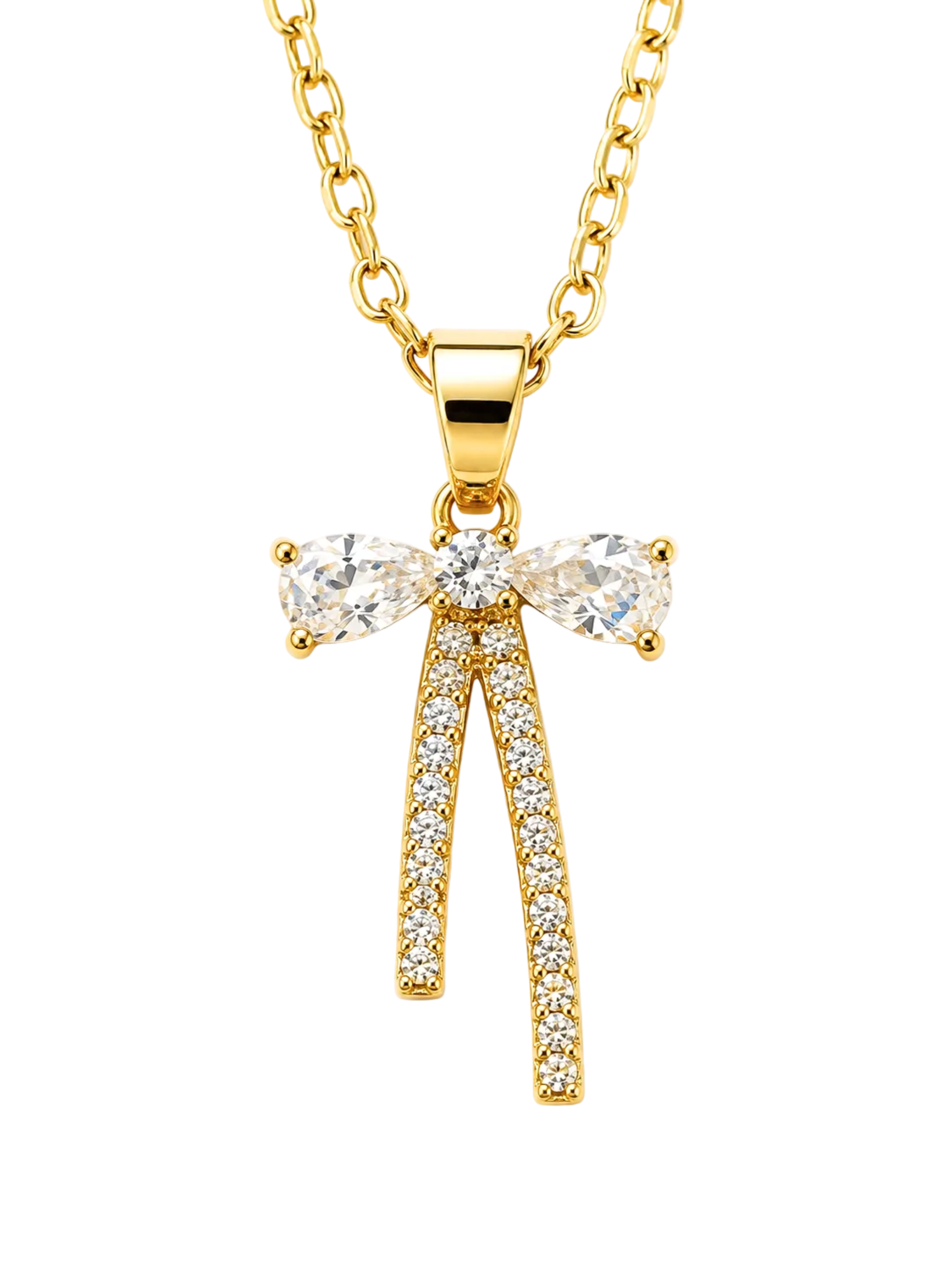 A gold bow pendant necklace adorned with clear crystals, suspended from a gold link chain on a white background.