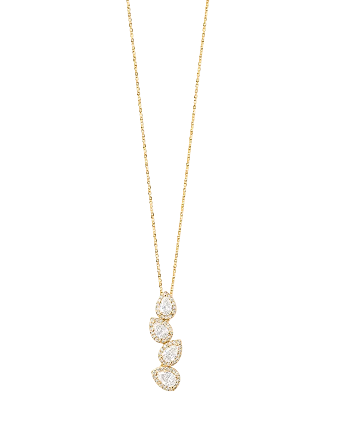 A delicate gold chain necklace featuring a vertical drop pendant with three cascading pear-shaped clear gemstones, each surrounded by a halo of small round stones, set against a plain white background.