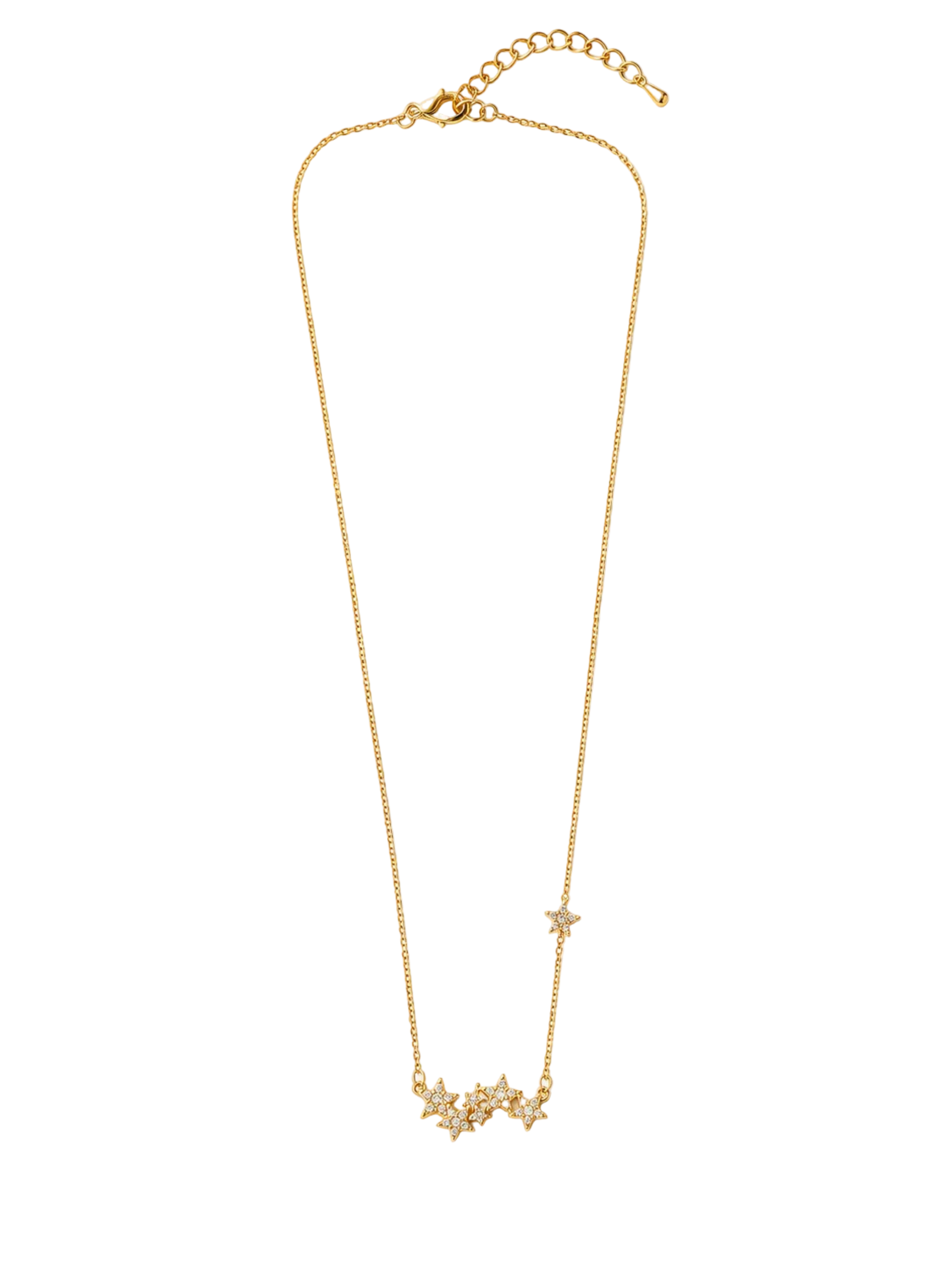 A delicate gold chain necklace featuring a central cluster of small star-shaped charms set with clear rhinestones, displayed against a solid white background.
