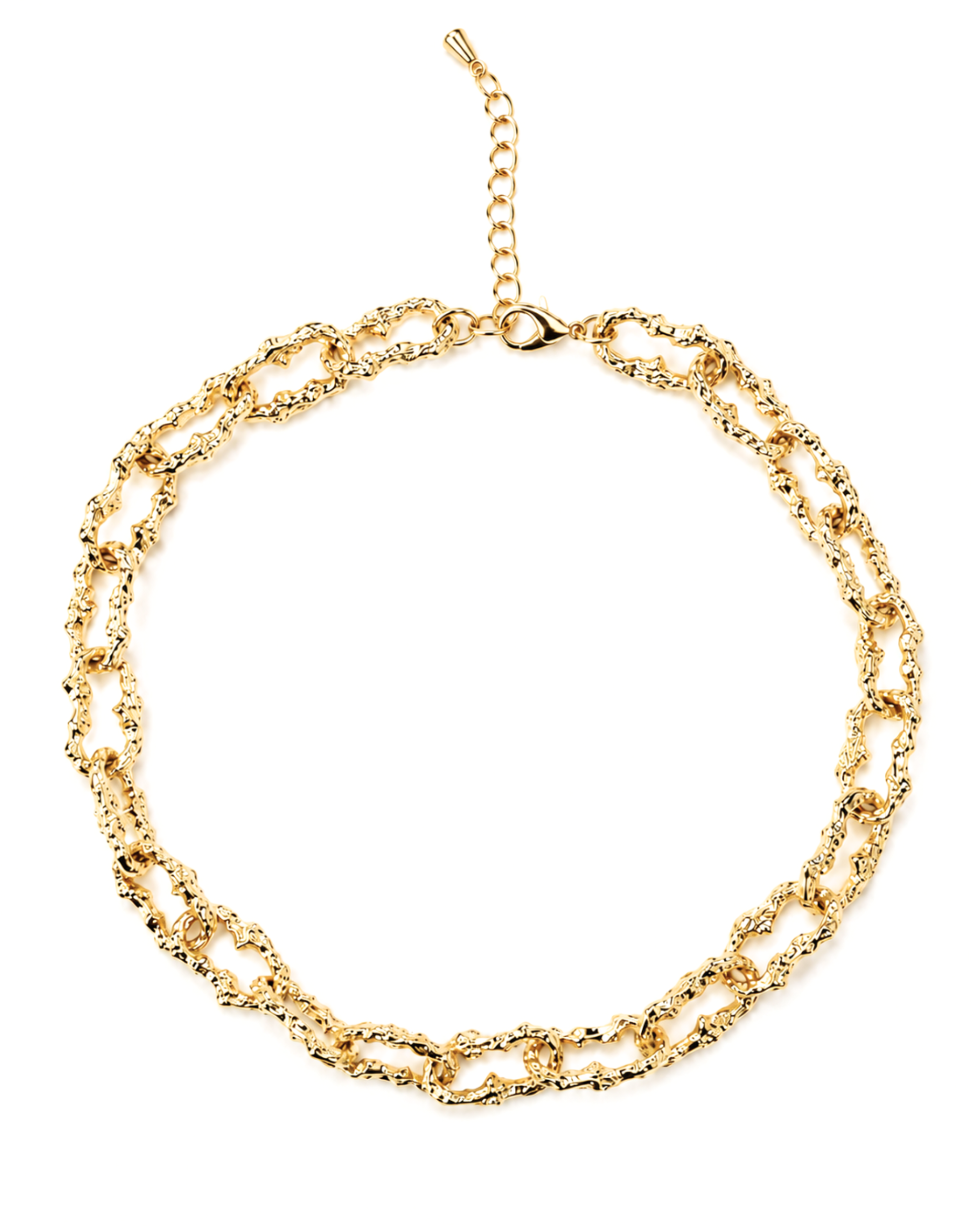 A gold-toned double-strand chain necklace with a textured, knotted link design and an adjustable lobster clasp, shown on a plain white background.