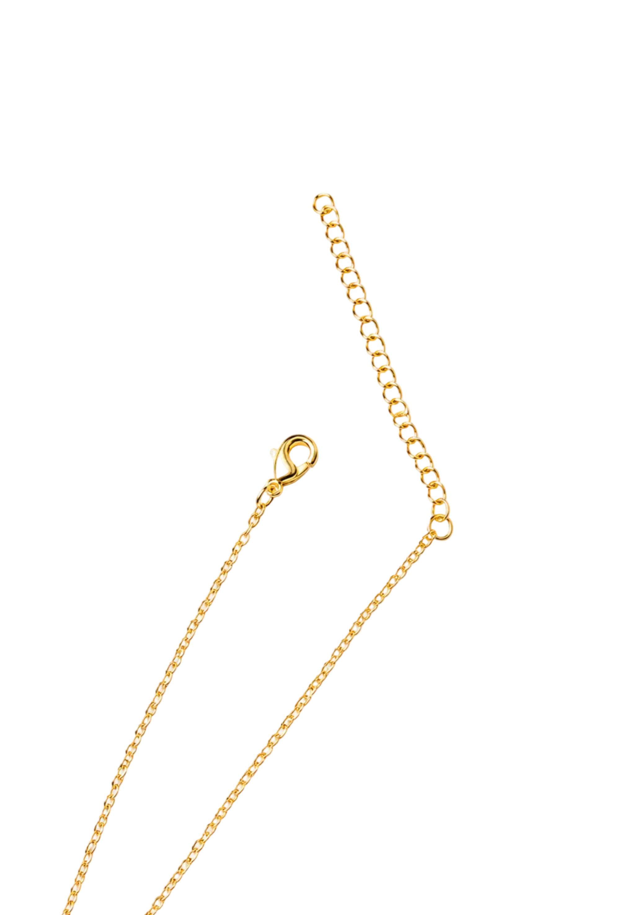 A close-up of a gold chain necklace showing the extender chain with a lobster clasp, on a plain white background.