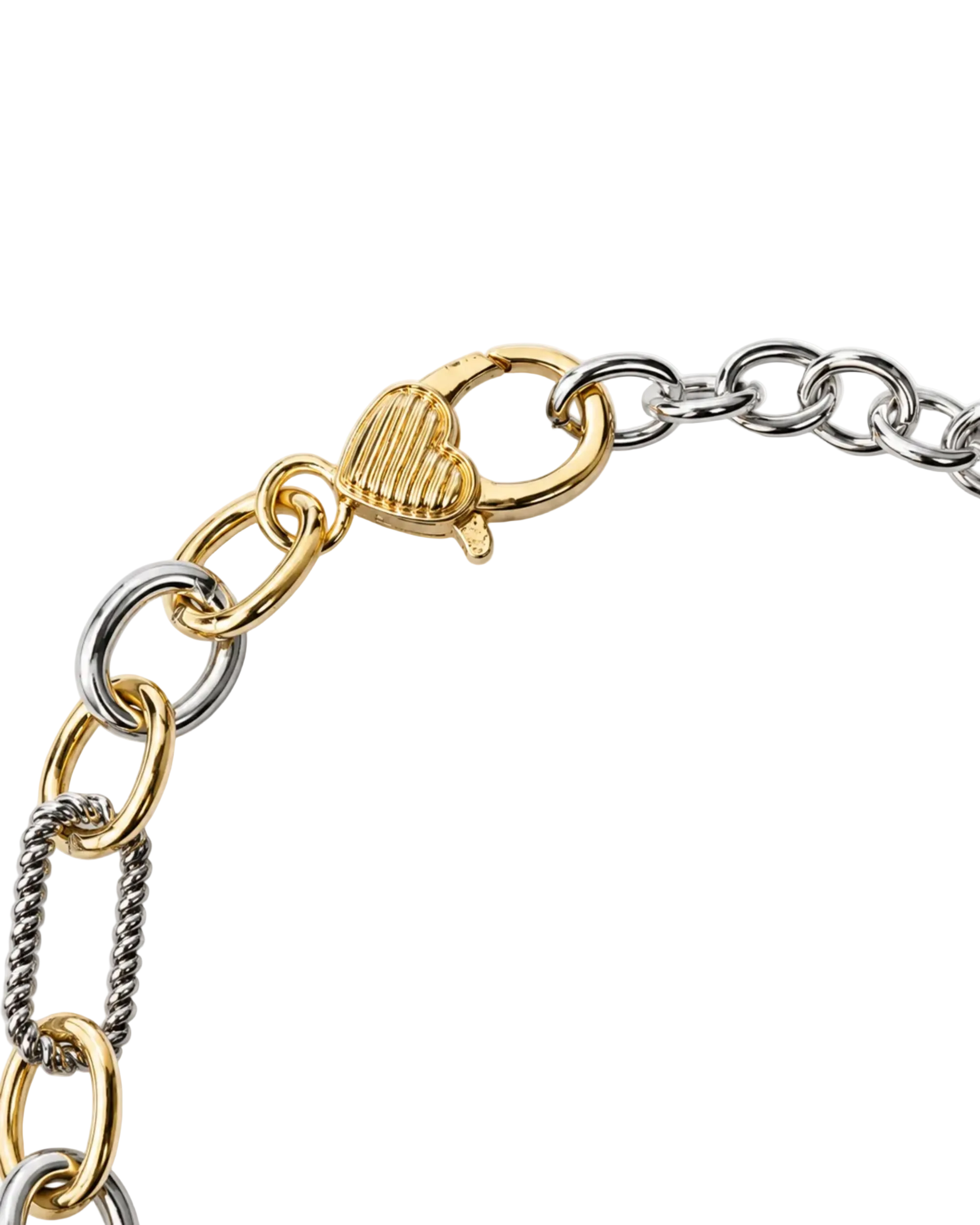 Close-up of a two-tone chain link bracelet featuring gold and silver links, with a polished gold lobster clasp on a clean white background.