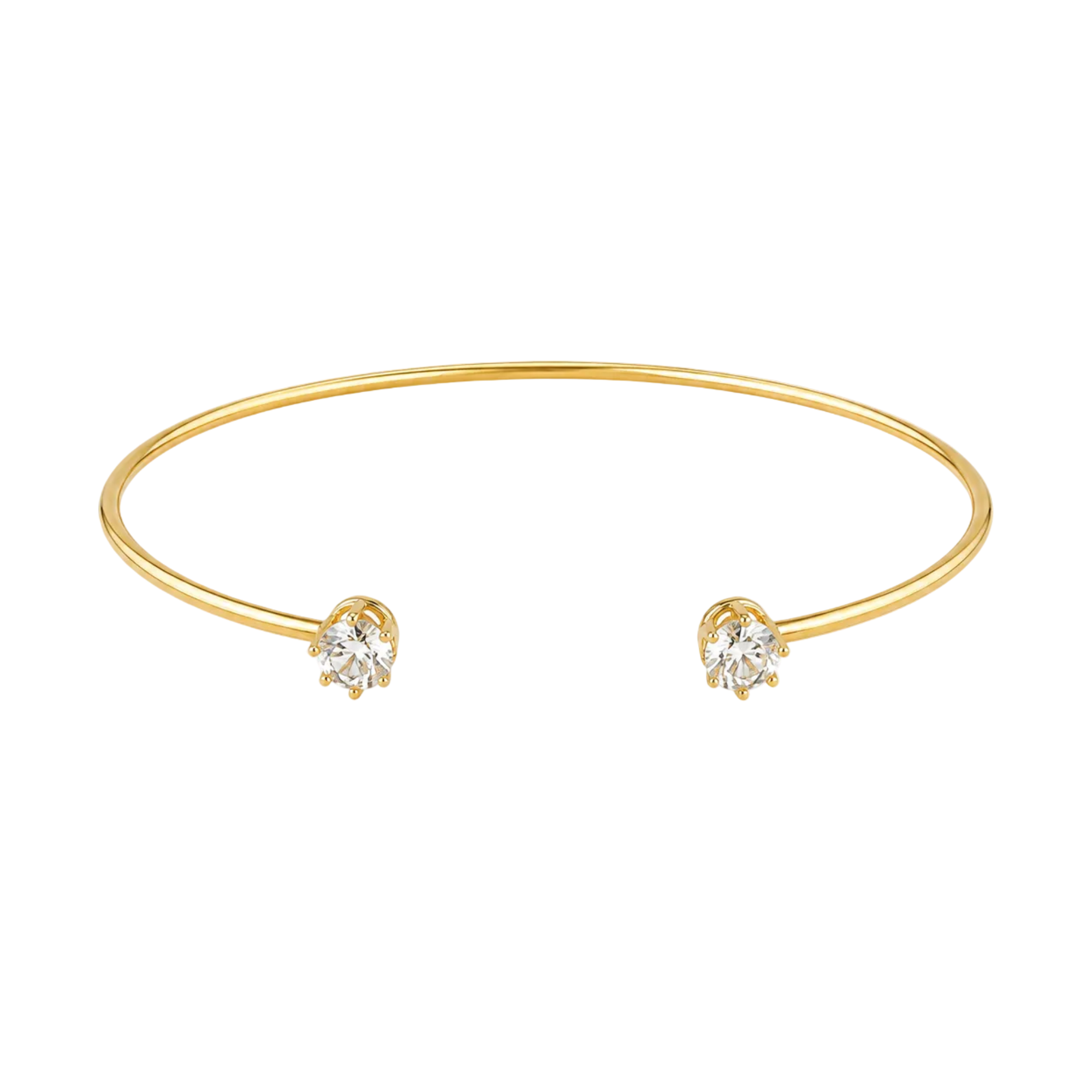 A delicate gold open cuff bracelet with two small bezel-set clear gemstones, shown on a plain white background.