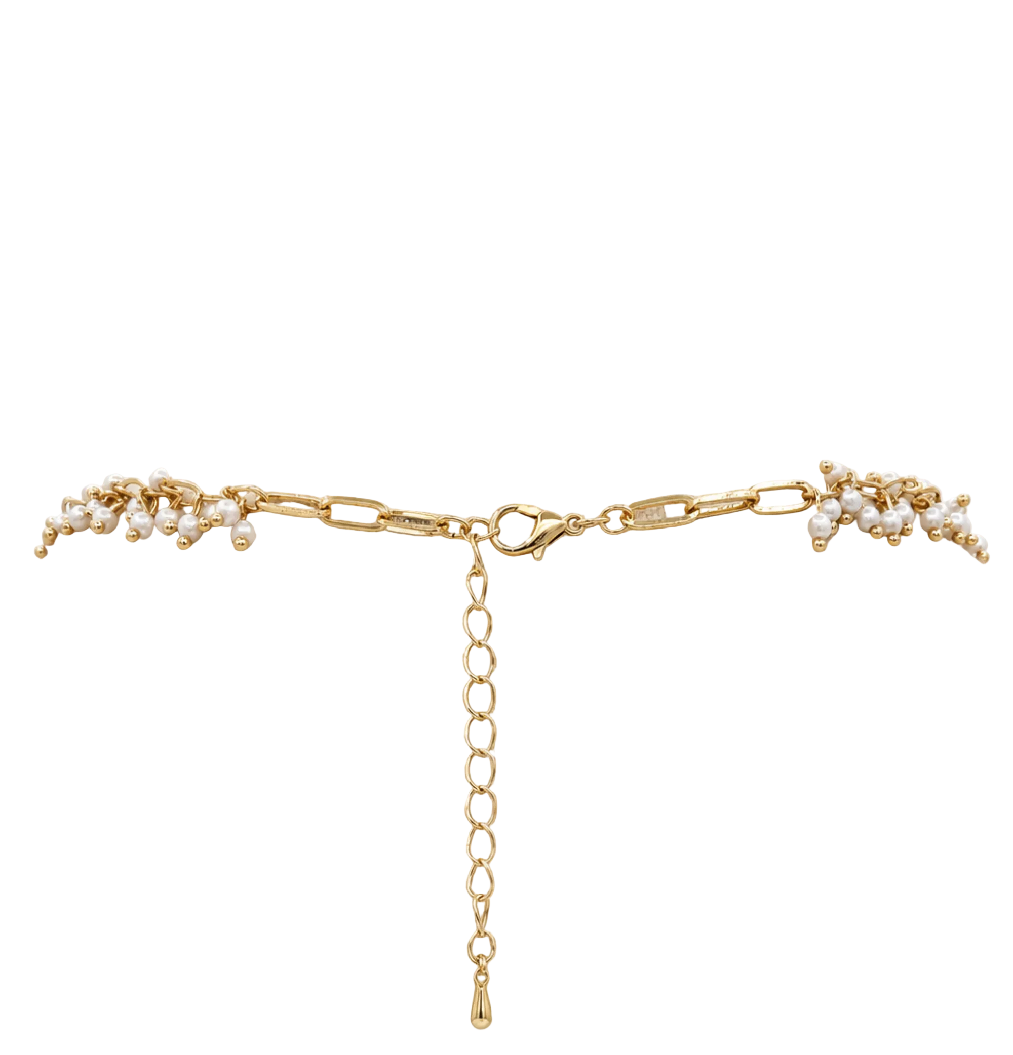 Gold chain choker necklace with pearl accents, displayed on a cream-colored fabric jewelry bust against a light gray background.