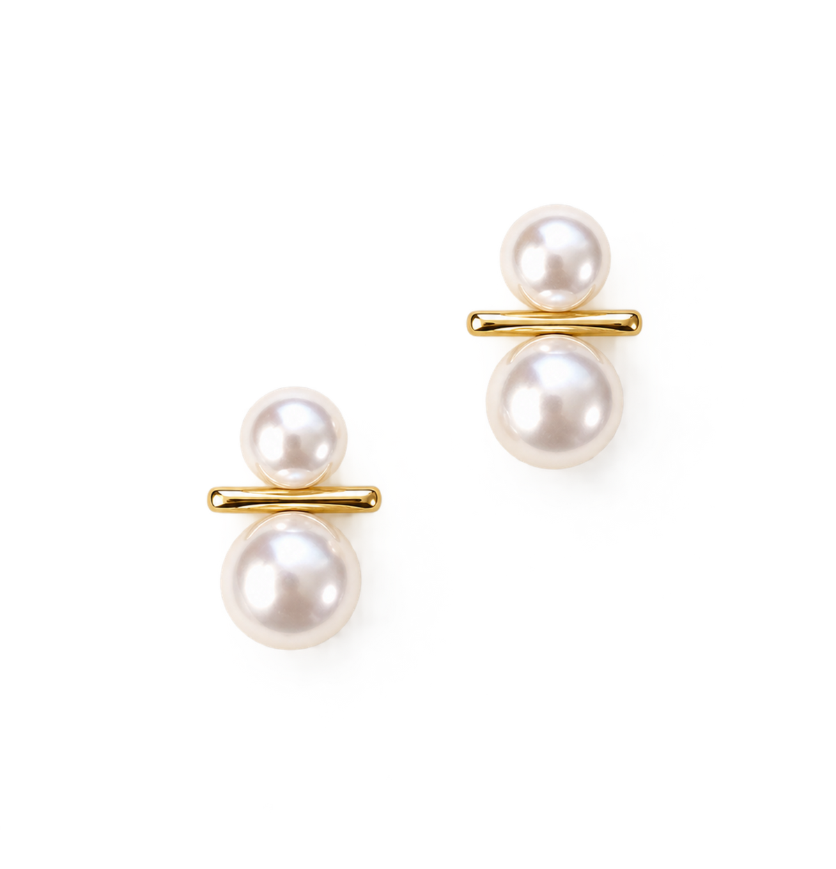 A pair of gold stud earrings featuring two stacked white freshwater pearls separated by a small horizontal gold bar, set against a plain white background.