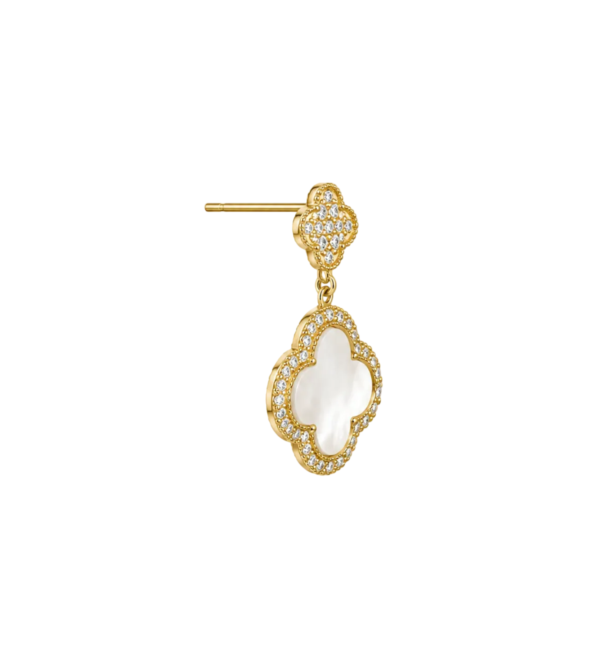 A gold dangle earring featuring a mother-of-pearl four-leaf clover pendant with a border of small clear pavé stones, suspended from a matching gold post with clear stones, set against a plain white background.