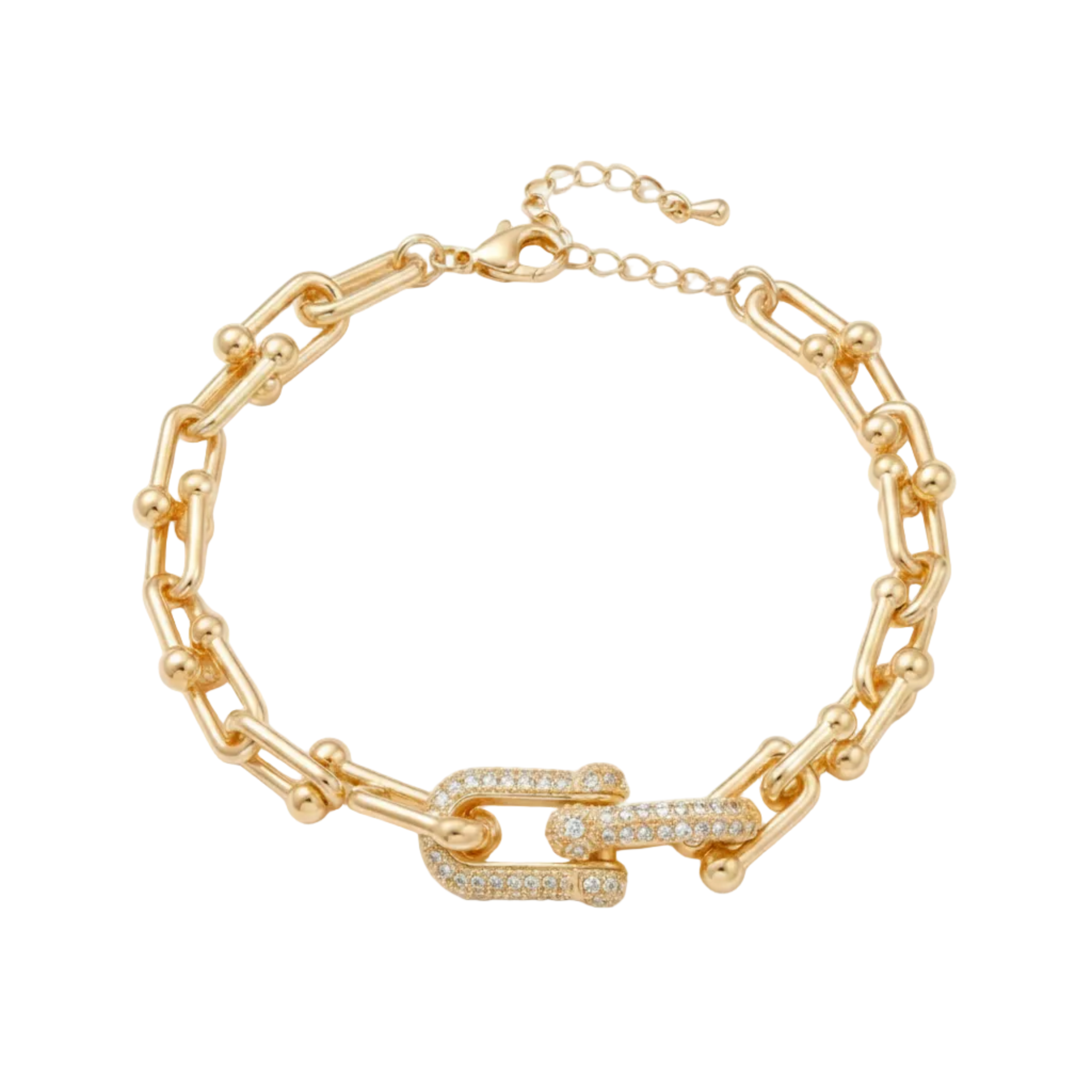 A gold chain link bracelet with a central interlocking double-link design paved with small clear stones, shown on a clean white background.