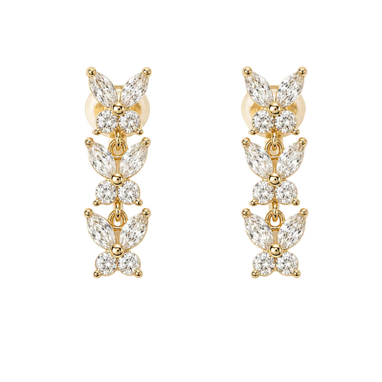 A pair of gold drop earrings with marquise-cut clear gemstones arranged in a stacked floral or butterfly-like design, shown on a plain white background.