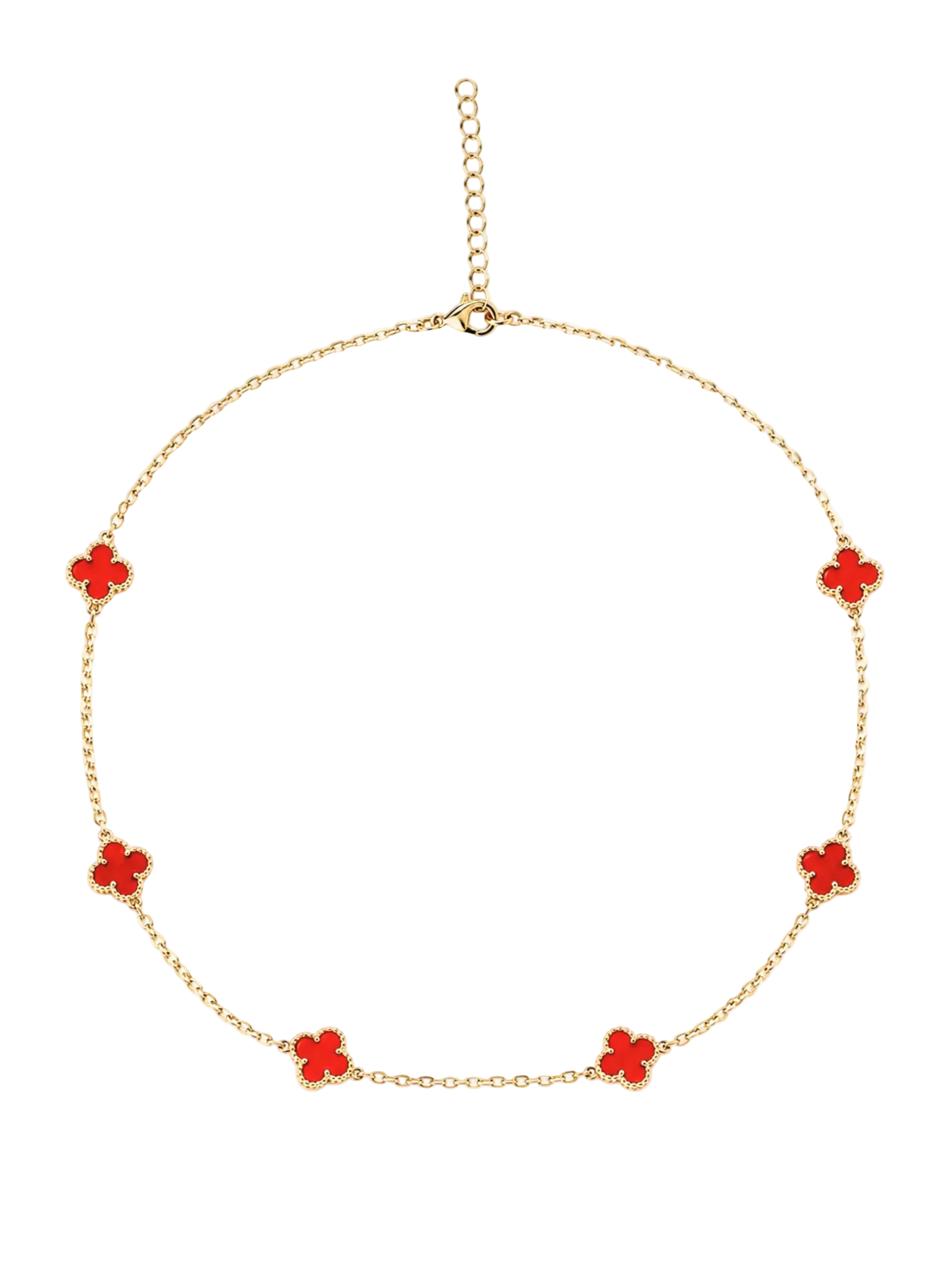 A gold chain necklace featuring seven small red flower charms spaced evenly along the chain, displayed on a clean white background.